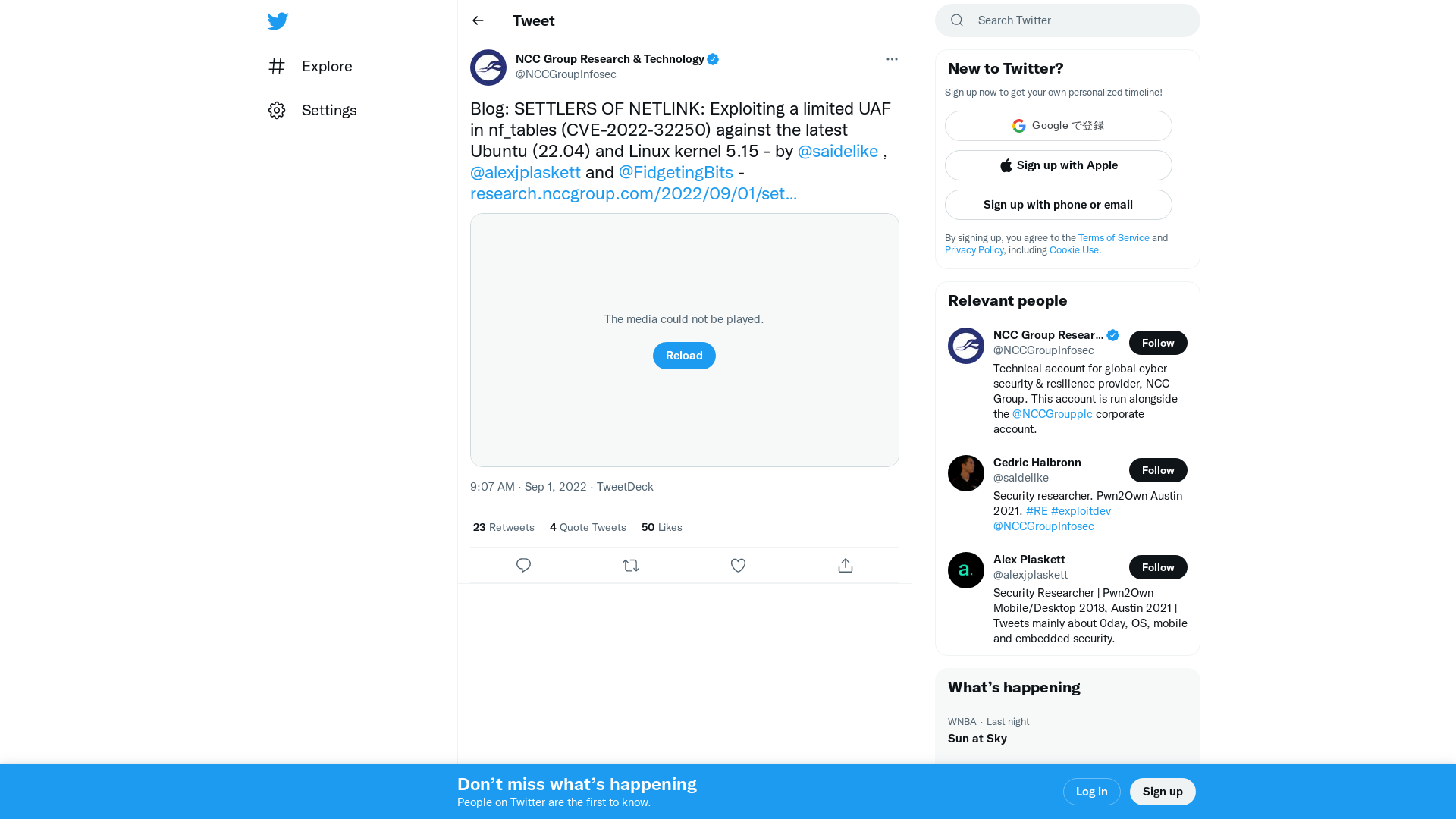 NCC Group Research & Technology on Twitter: "Blog: SETTLERS OF NETLINK: Exploiting a limited UAF in nf_tables (CVE-2022-32250) against the latest Ubuntu (22.04) and Linux kernel 5.15 - by @saidelike , @alexjplaskett and @FidgetingBits - https://t.co/3XHuzQ5mBj https://t.co/MUYovvJwVk" / Twitter