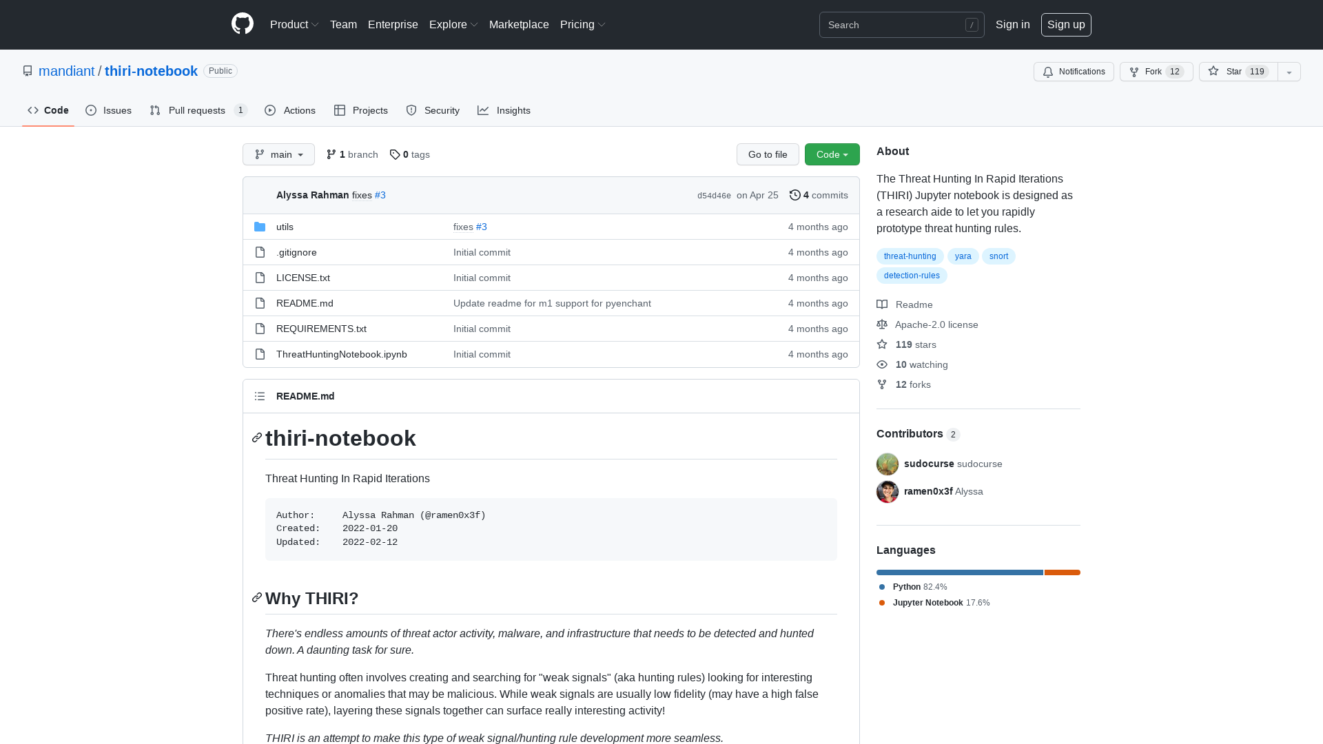 GitHub - mandiant/thiri-notebook: The Threat Hunting In Rapid Iterations (THIRI) Jupyter notebook is designed as a research aide to let you rapidly prototype threat hunting rules.