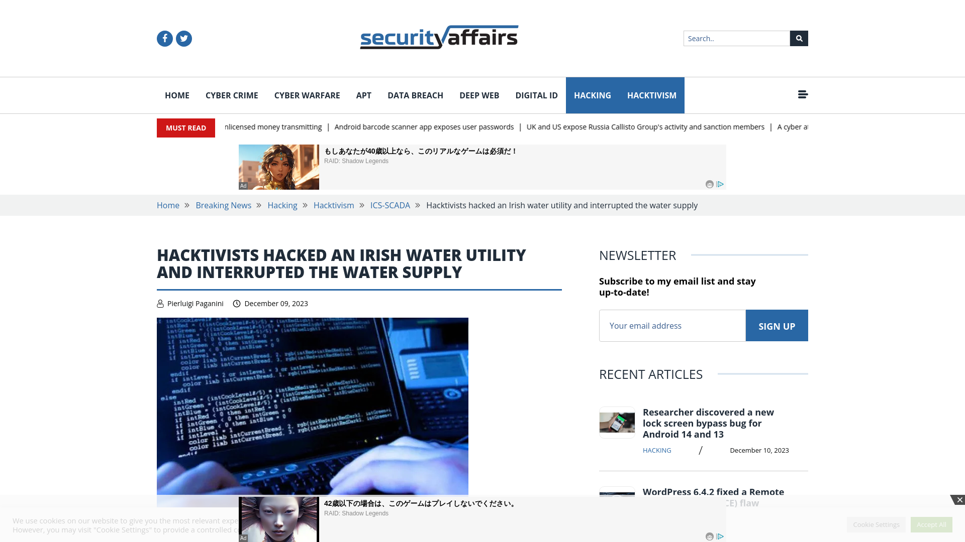 Hacktivists hacked a Irish water utility and interrupted water supply