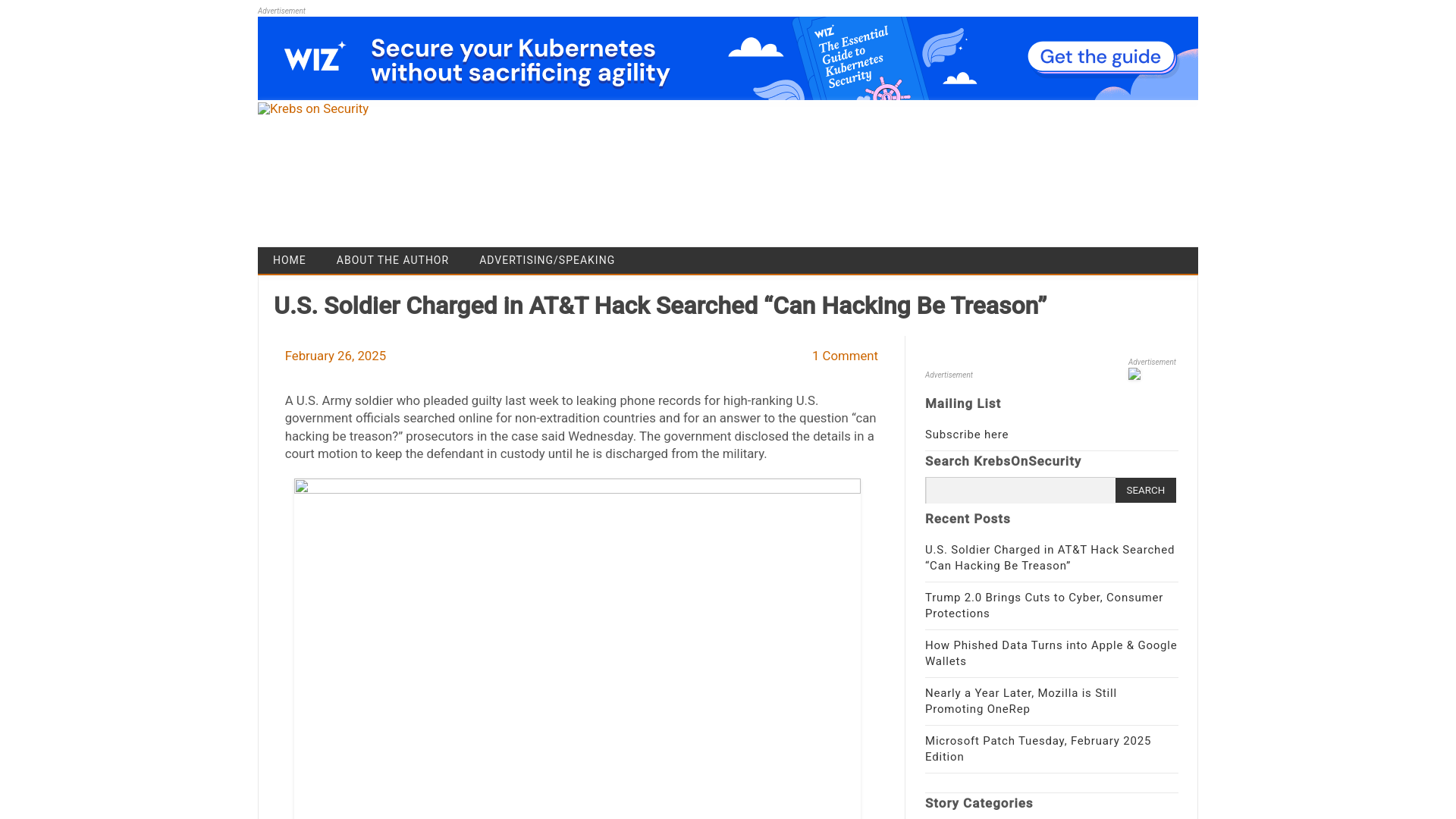 U.S. Soldier Charged in AT&T Hack Searched “Can Hacking Be Treason” – Krebs on Security