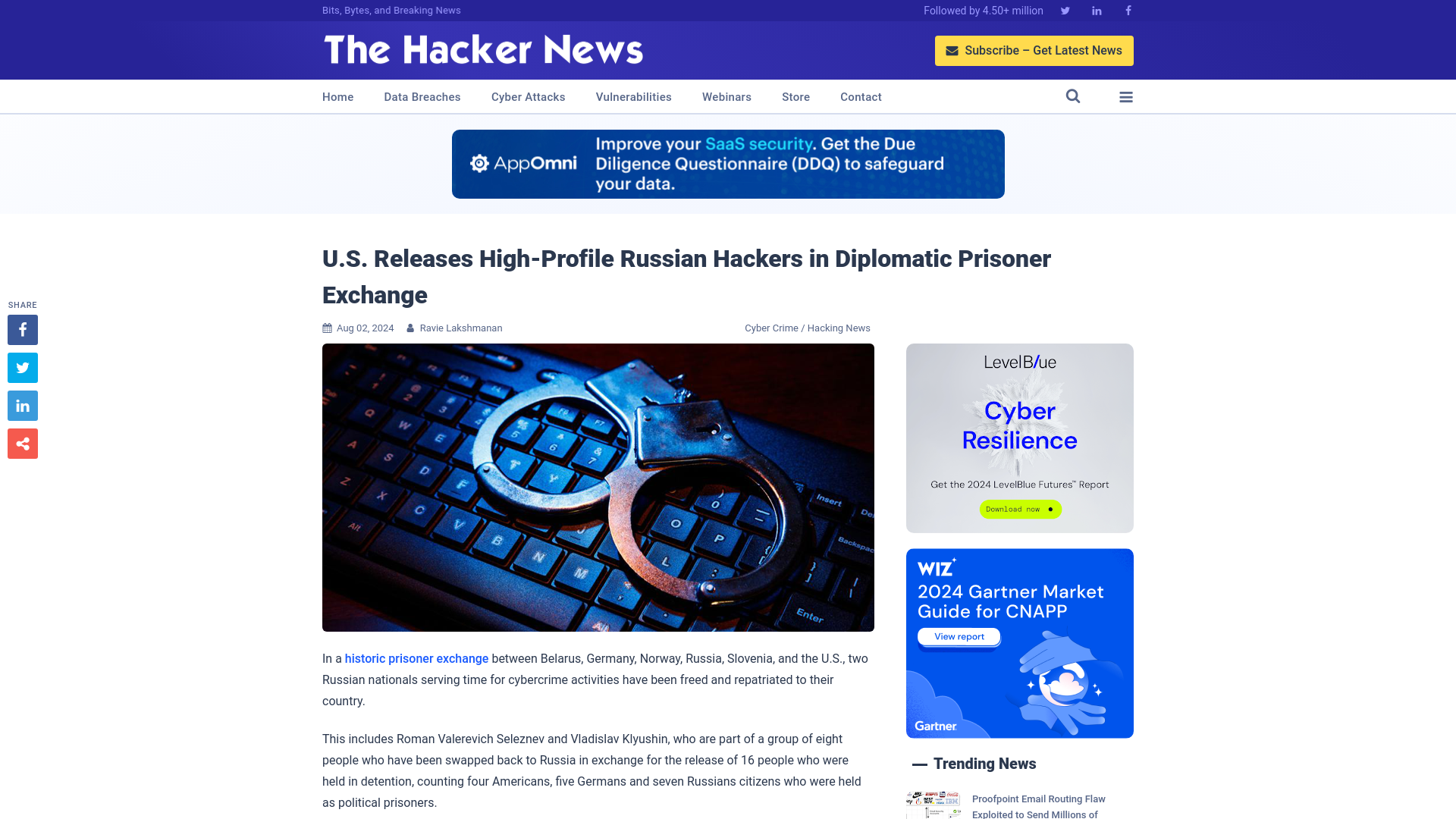 U.S. Releases High-Profile Russian Hackers in Diplomatic Prisoner Exchange