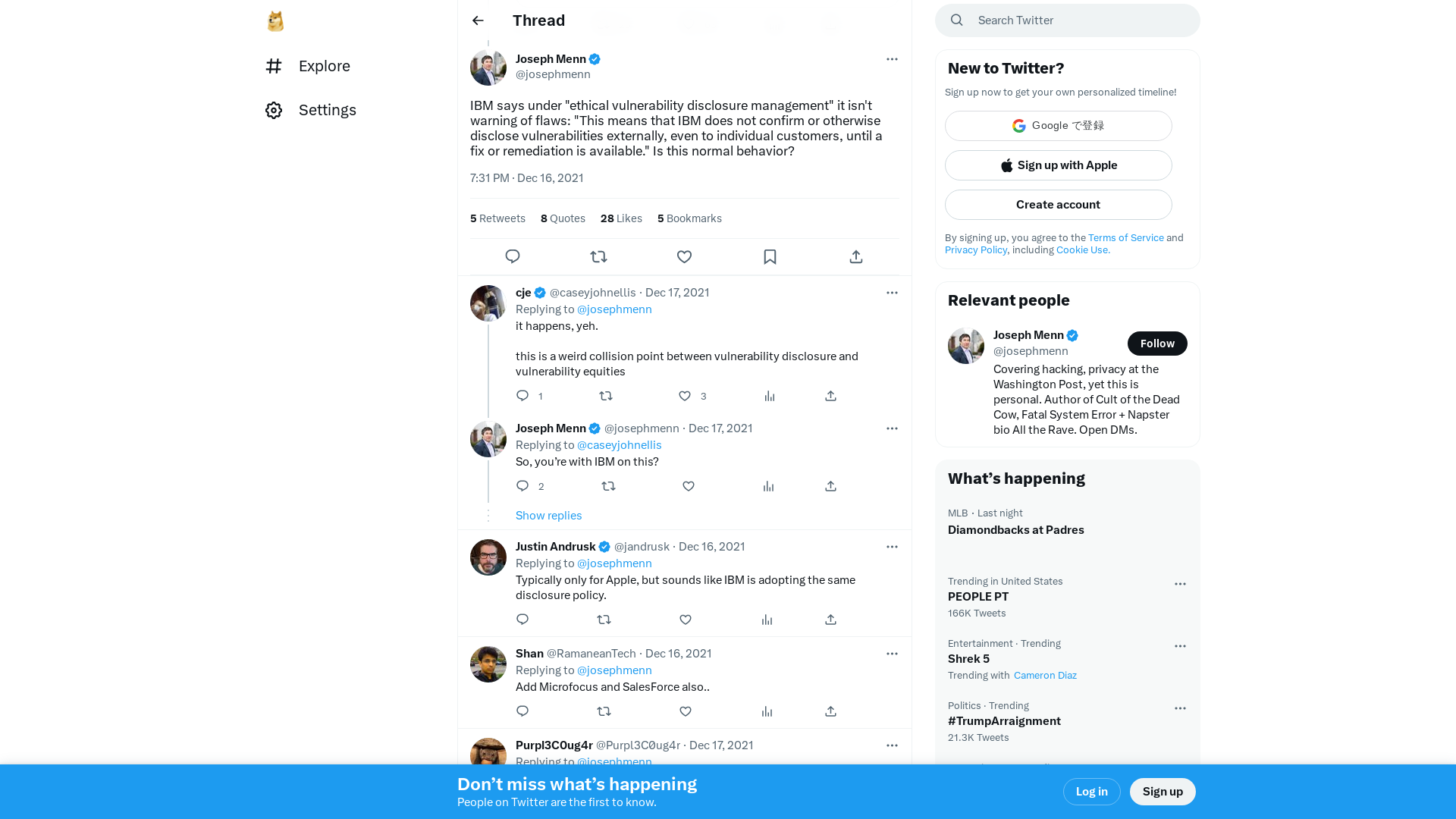 Joseph Menn on Twitter: "IBM says under "ethical vulnerability disclosure management" it isn't warning of flaws: "This means that IBM does not confirm or otherwise disclose vulnerabilities externally, even to individual customers, until a fix or remediation is available." Is this normal behavior?" / Twitter
