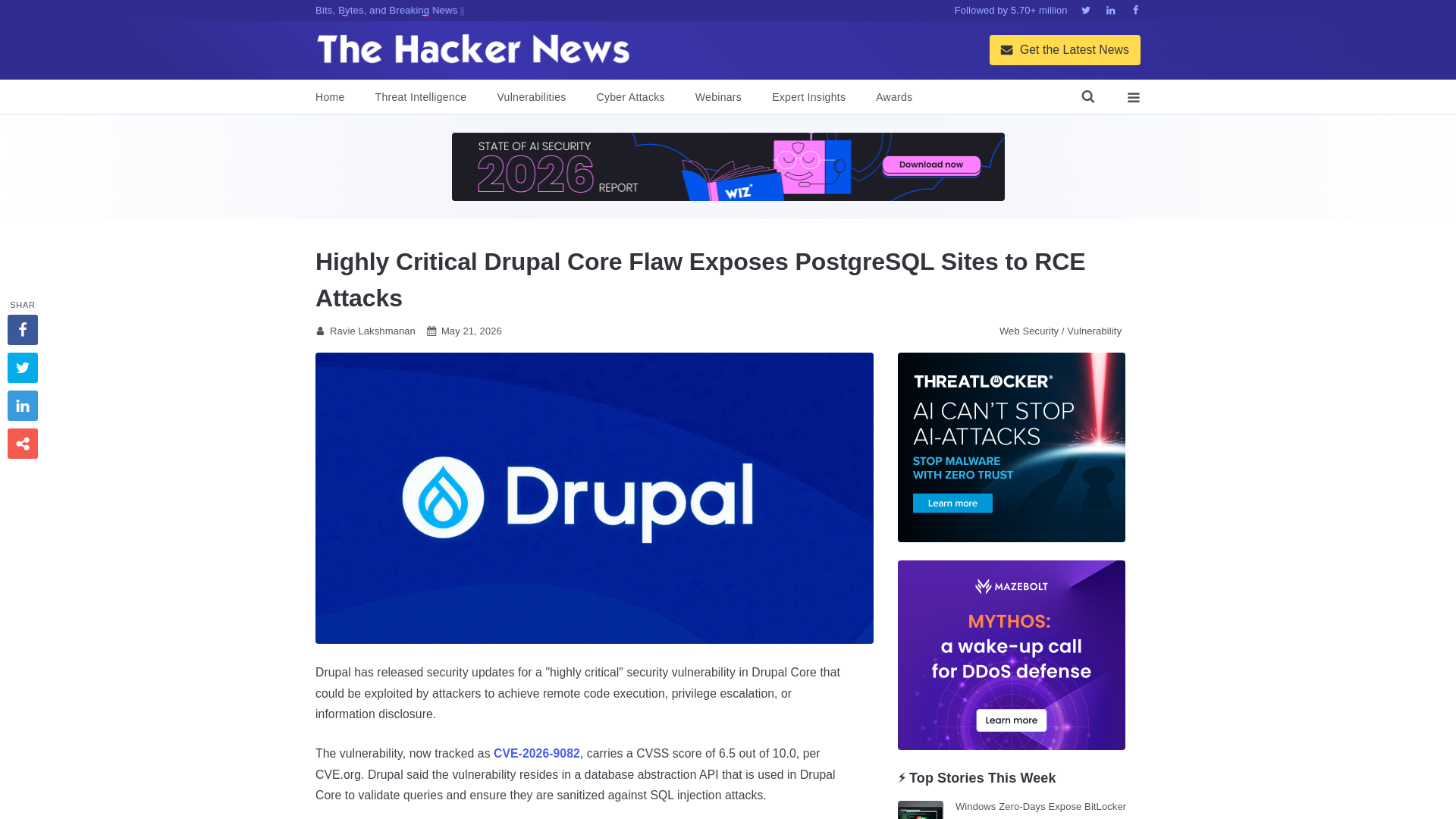 Highly Critical Drupal Core Flaw Exposes PostgreSQL Sites to RCE Attacks