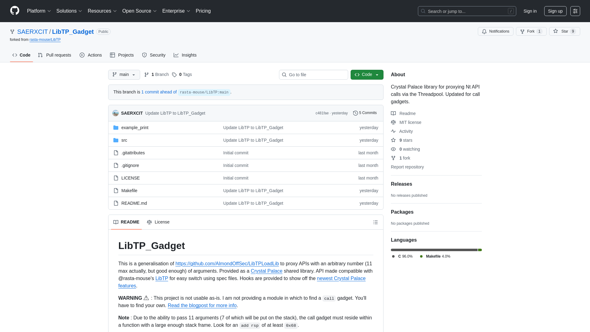 GitHub - SAERXCIT/LibTP_Gadget: Crystal Palace library for proxying Nt API calls via the Threadpool. Updated for call gadgets.