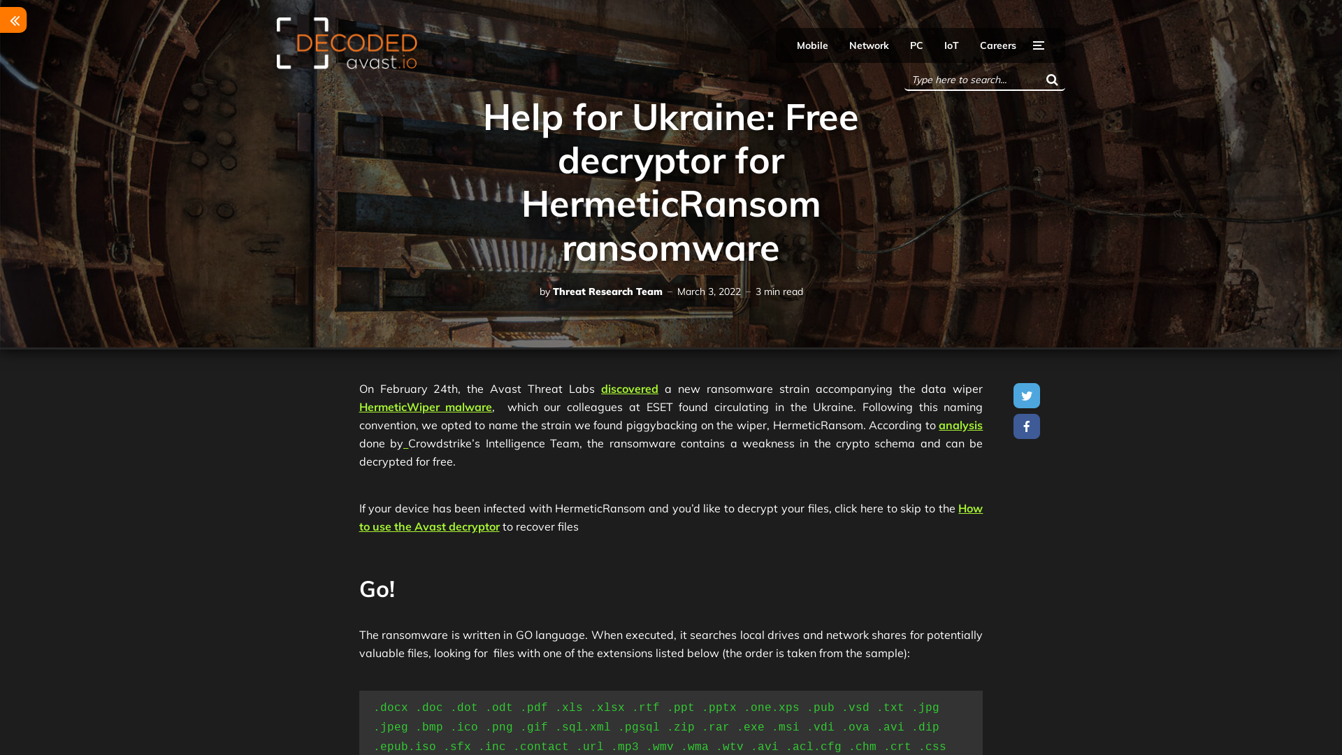 Help for Ukraine: Free decryptor for HermeticRansom ransomware - Avast Threat Labs