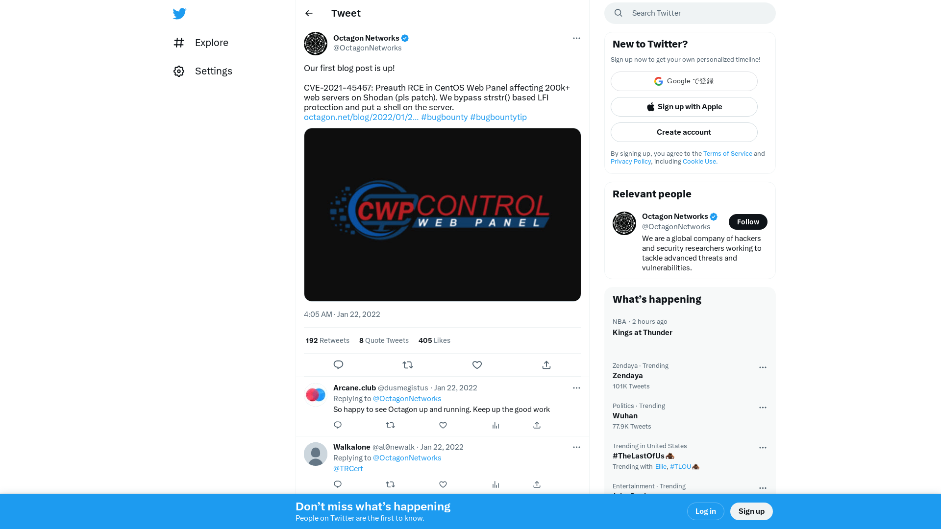 Octagon Networks on Twitter: "Our first blog post is up! CVE-2021-45467: Preauth RCE in CentOS Web Panel affecting 200k+ web servers on Shodan (pls patch). We bypass strstr() based LFI protection and put a shell on the server. https://t.co/DvyakBkajj #bugbounty #bugbountytip https://t.co/0Z0cPU6HFl" / Twitter
