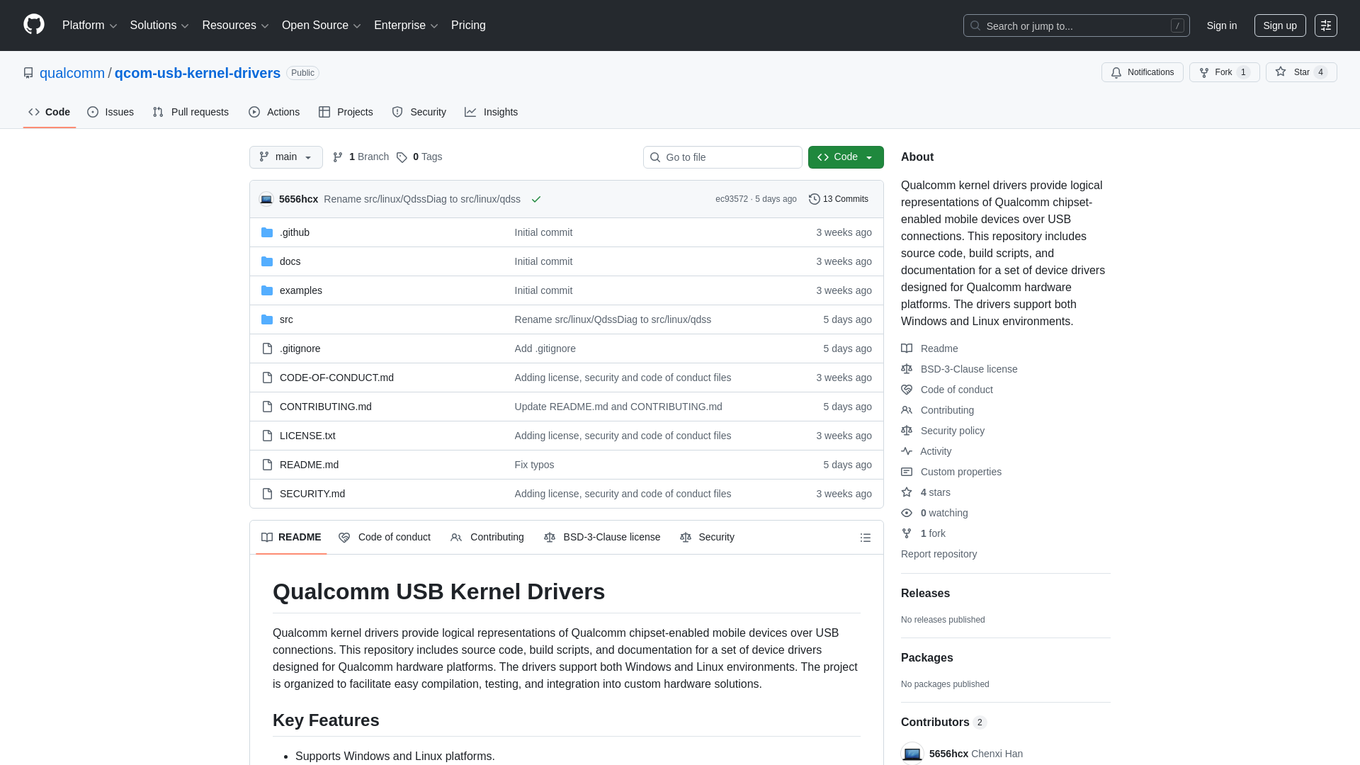 GitHub - qualcomm/qcom-usb-kernel-drivers: Qualcomm kernel drivers provide logical representations of Qualcomm chipset-enabled mobile devices over USB connections. This repository includes source code, build scripts, and documentation for a set of device drivers designed for Qualcomm hardware platforms. The drivers support both Windows and Linux environments.