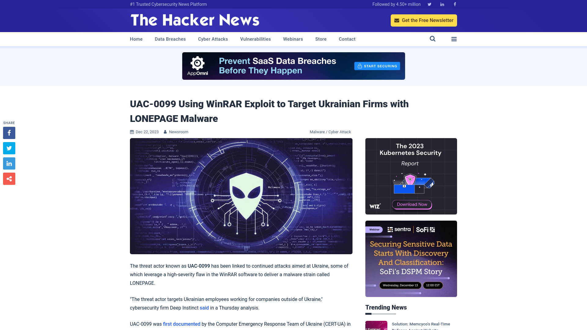 UAC-0099 Using WinRAR Exploit to Target Ukrainian Firms with LONEPAGE Malware