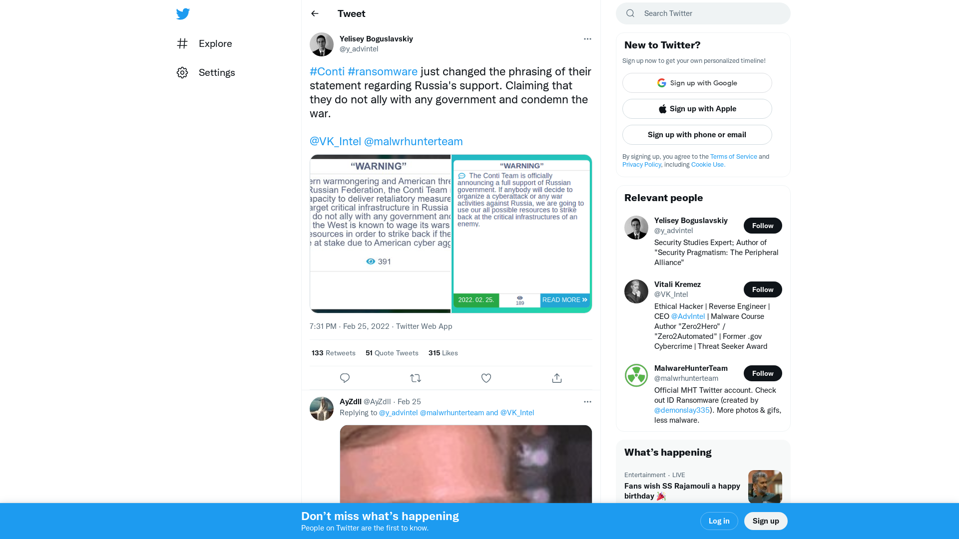 Yelisey Boguslavskiy on Twitter: "#Conti #ransomware just changed the phrasing of their statement regarding Russia's support. Claiming that they do not ally with any government and condemn the war. @VK_Intel @malwrhunterteam https://t.co/JaLYPlDjwb" / Twitter