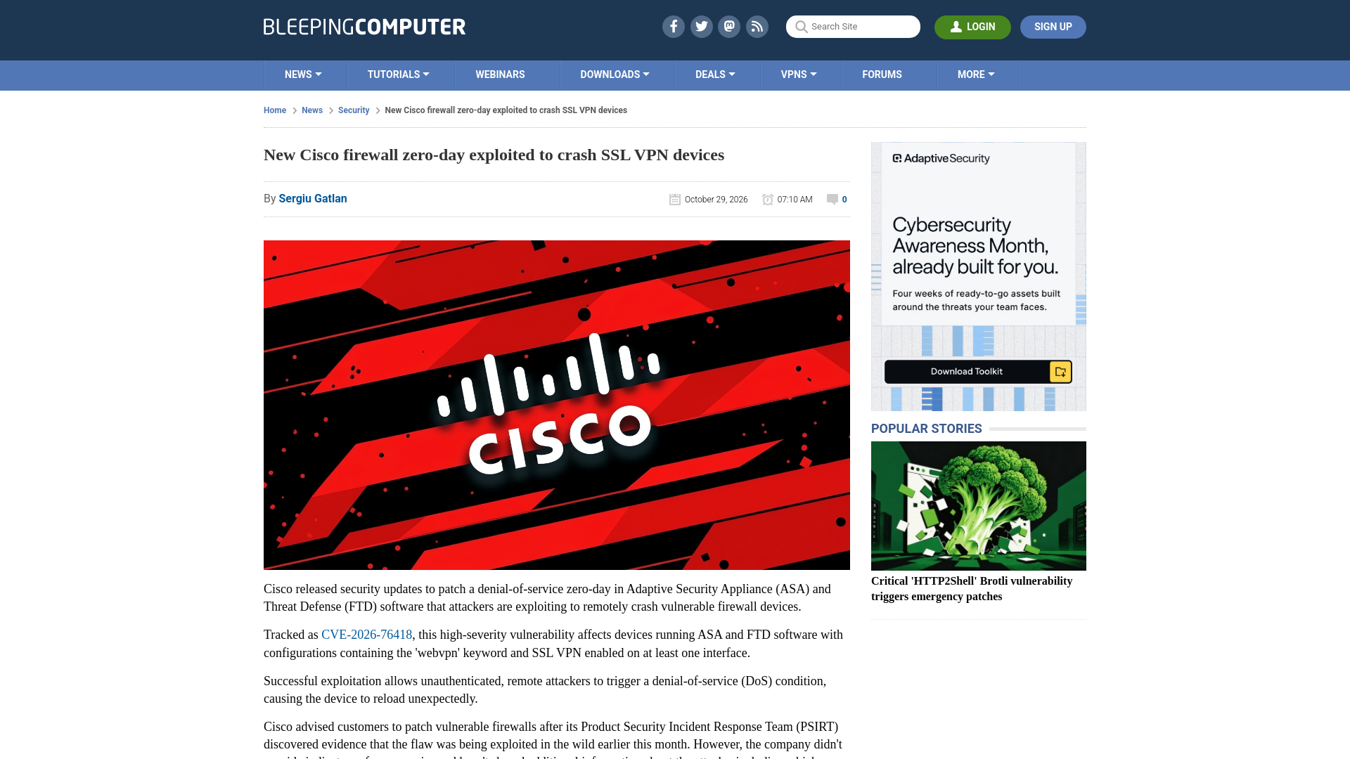 New Cisco firewall zero-day exploited to crash SSL VPN devices