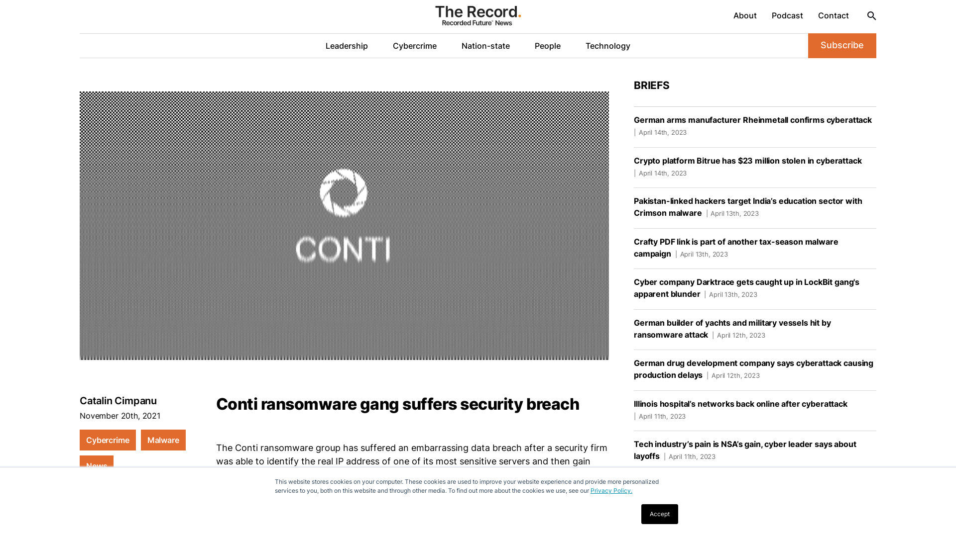 Conti ransomware gang suffers security breach