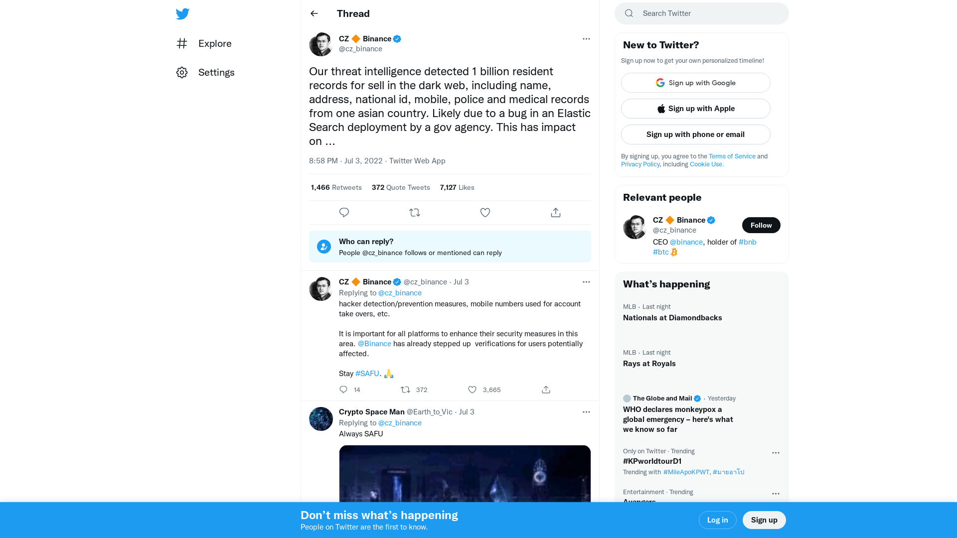 CZ 🔶 Binance on Twitter: "Our threat intelligence detected 1 billion resident records for sell in the dark web, including name, address, national id, mobile, police and medical records from one asian country. Likely due to a bug in an Elastic Search deployment by a gov agency. This has impact on ..." / Twitter