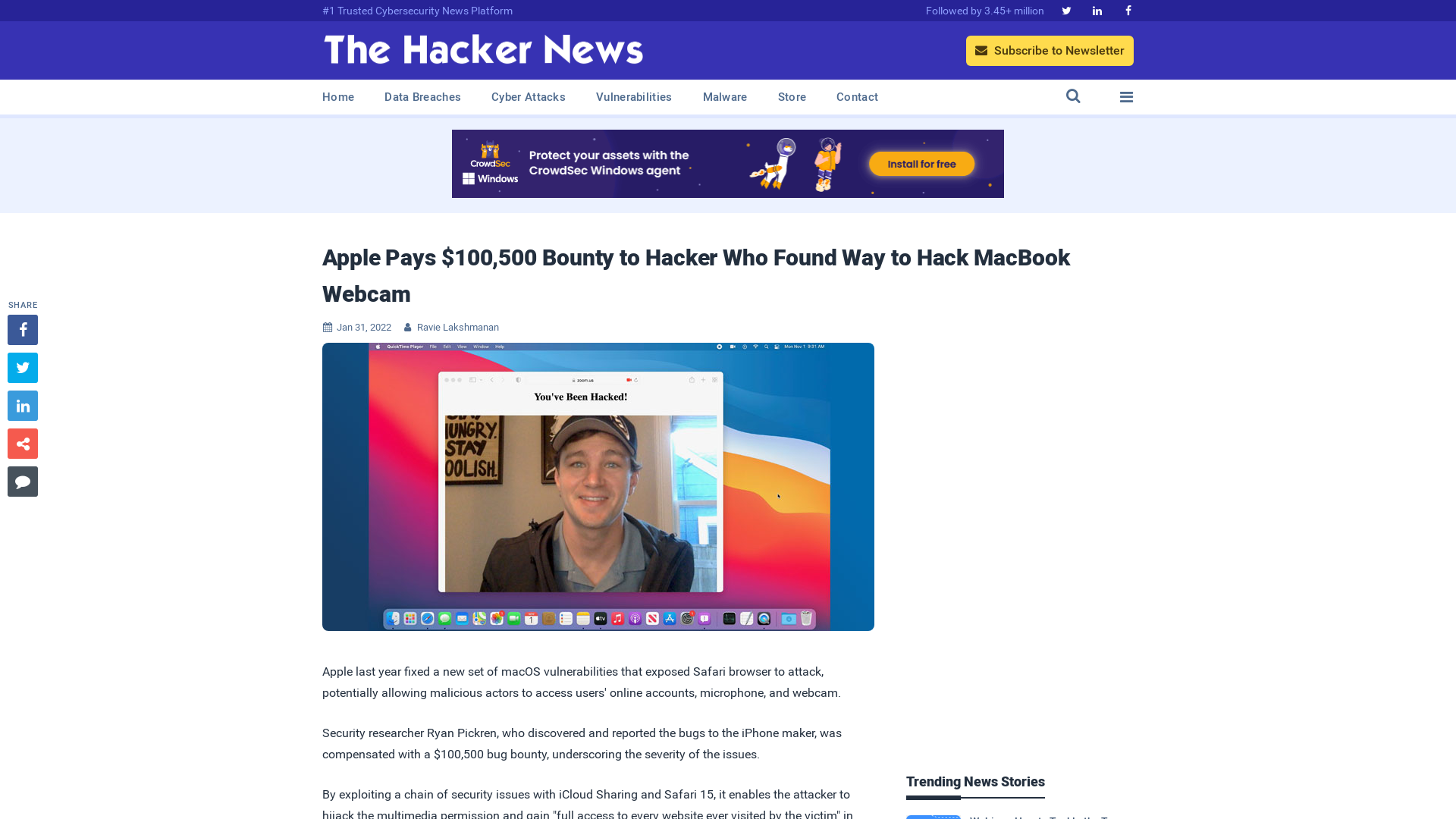 Apple Pays $100,500 Bounty to Hacker Who Found Way to Hack MacBook Webcam