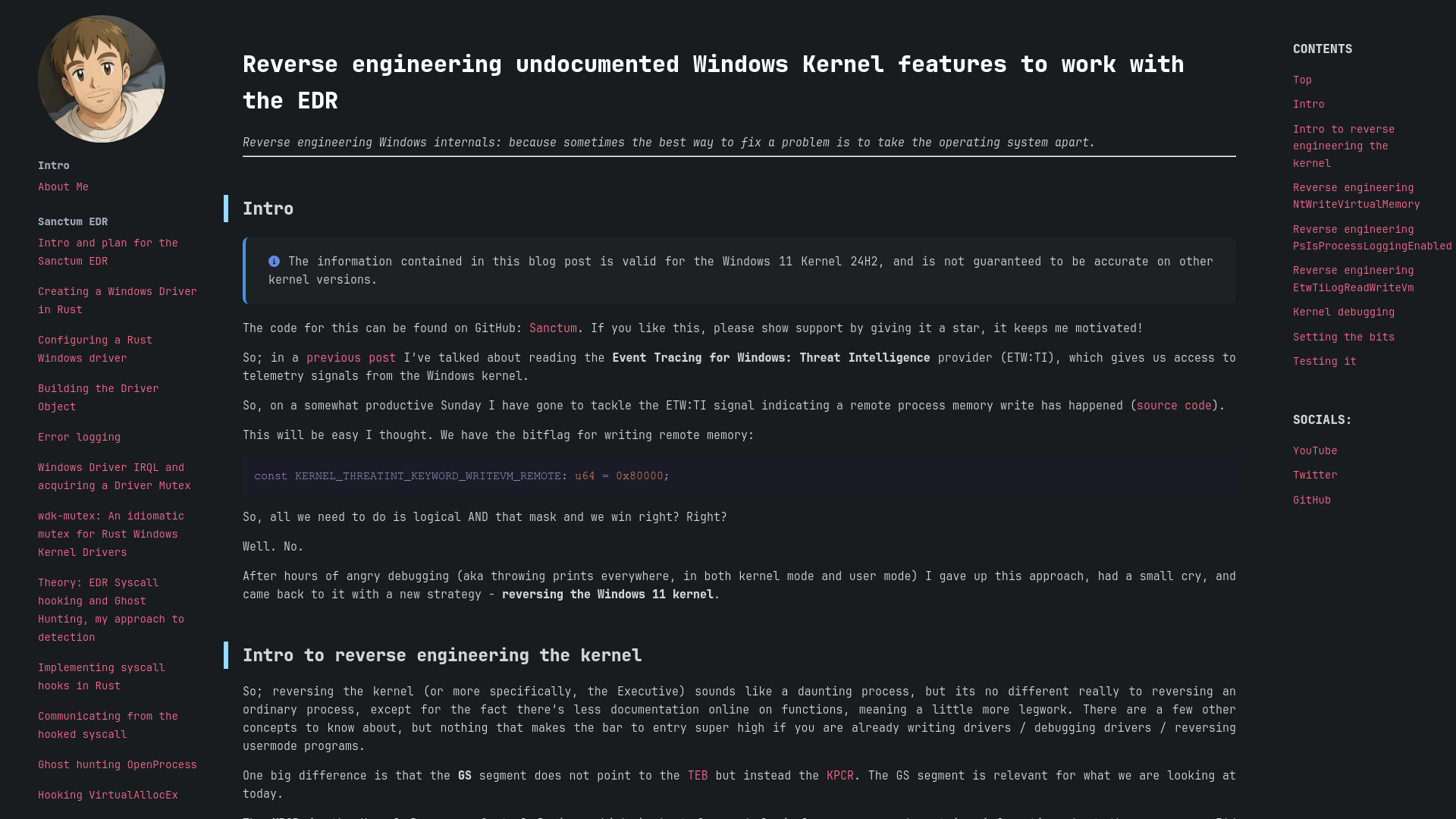 Reverse engineering undocumented Windows Kernel features to work with the EDR - 0xflux Red Team Manual | Systems programming