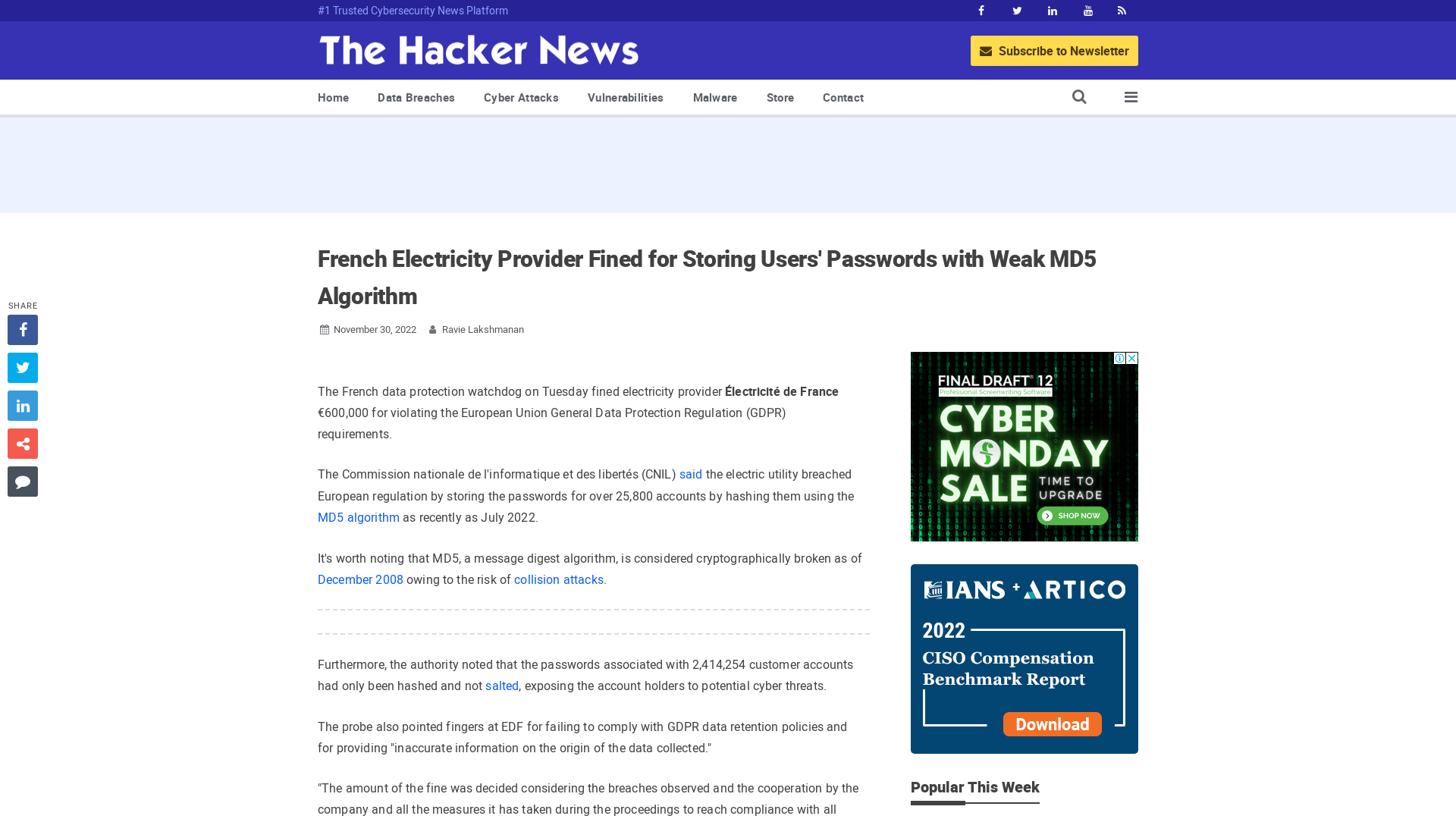 French Electricity Provider Fined for Storing Users' Passwords with Weak MD5 Algorithm