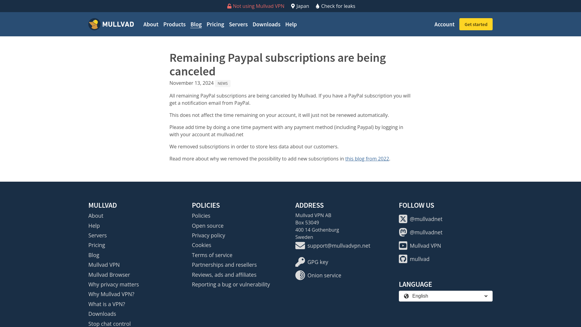 Remaining Paypal subscriptions are being canceled | Mullvad VPN