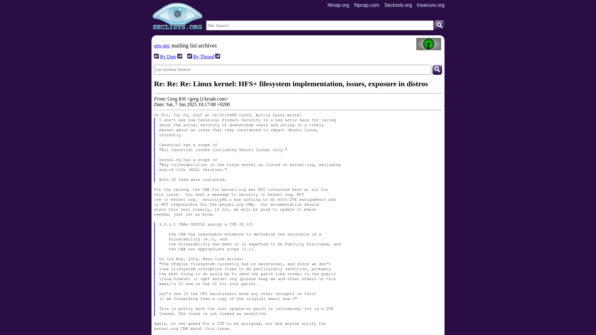 oss-sec: Re: Re: Re: Linux kernel: HFS+ filesystem implementation, issues, exposure in distros