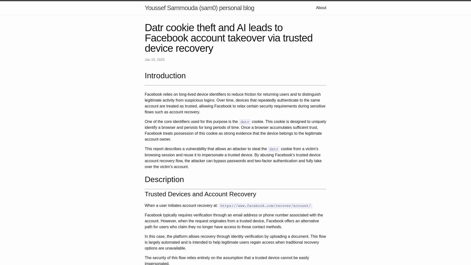 Datr cookie theft and AI leads to Facebook account takeover via trusted device recovery | Youssef Sammouda (sam0) personal blog