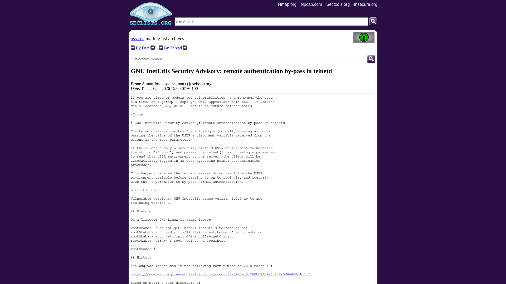 oss-sec: GNU InetUtils Security Advisory: remote authentication by-pass in telnetd