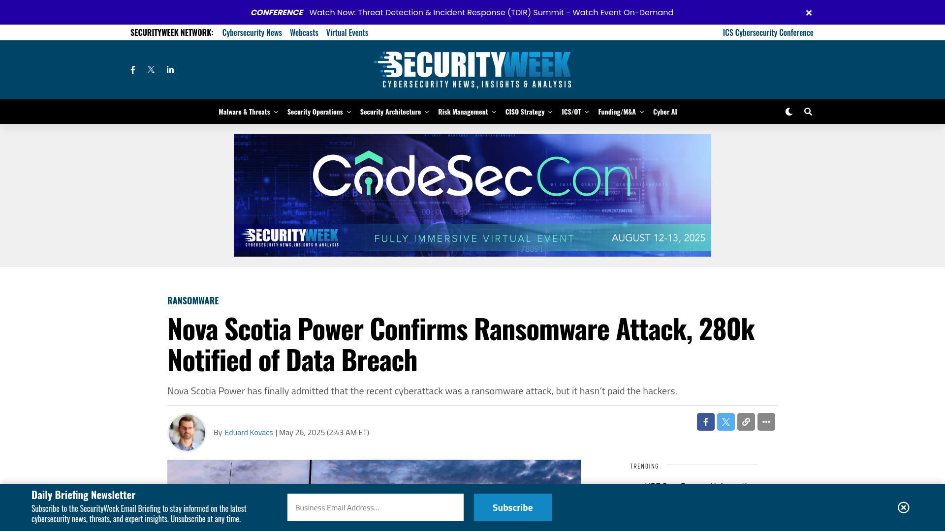 Nova Scotia Power Confirms Ransomware Attack, 280k Notified of Data Breach - SecurityWeek