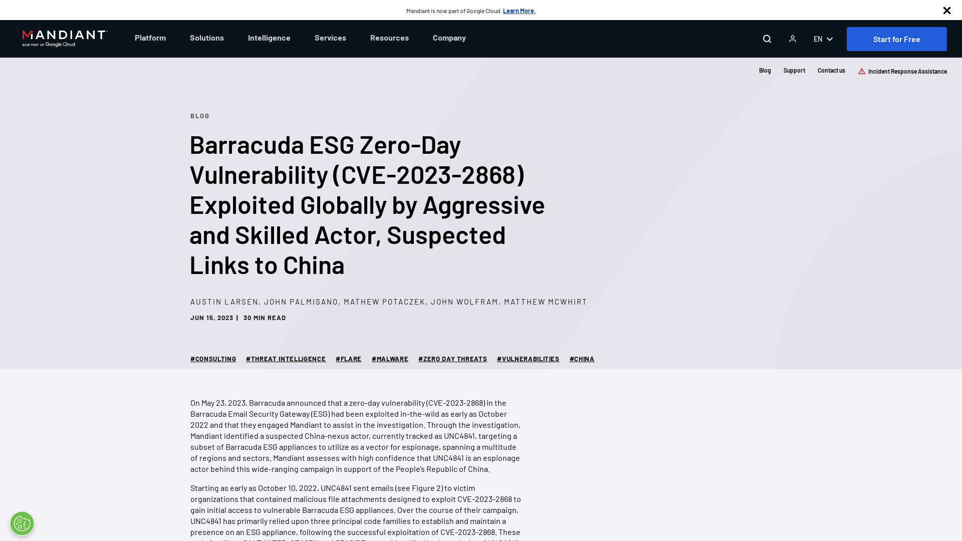 Barracuda ESG Zero-Day Vulnerability (CVE-2023-2868) Exploited Globally by Aggressive and Skilled Actor, Suspected Links to China | Mandiant