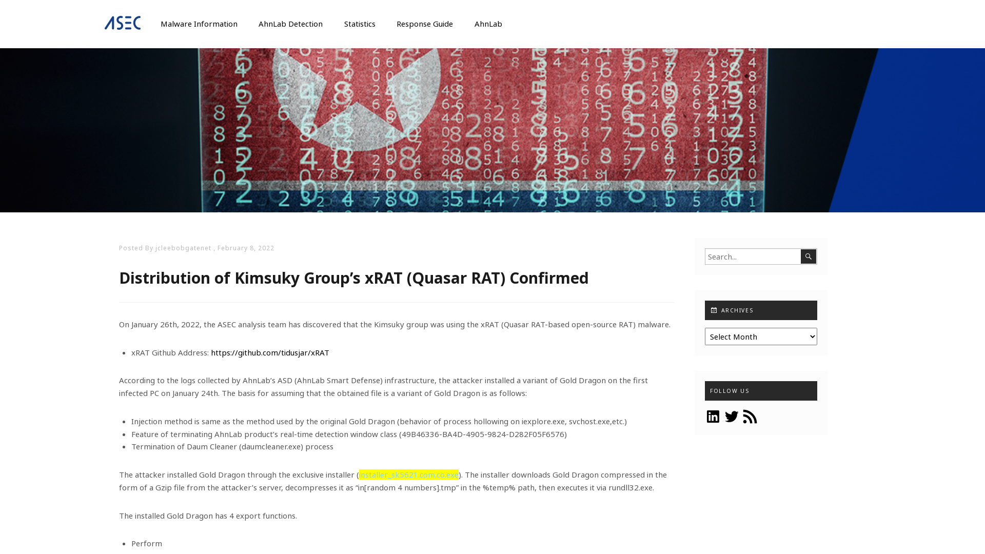 Distribution of Kimsuky Group's xRAT (Quasar RAT) Confirmed - ASEC BLOG