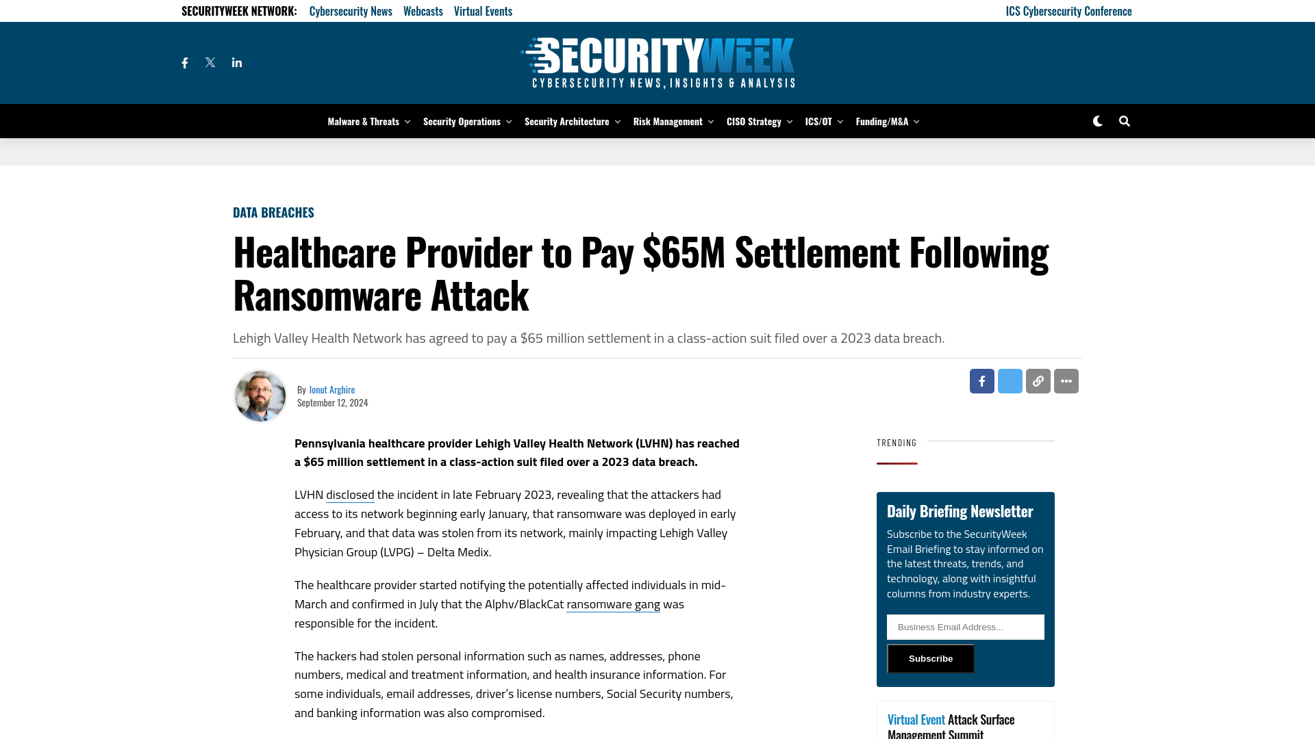 Healthcare Provider to Pay $65M Settlement Following Ransomware Attack - SecurityWeek