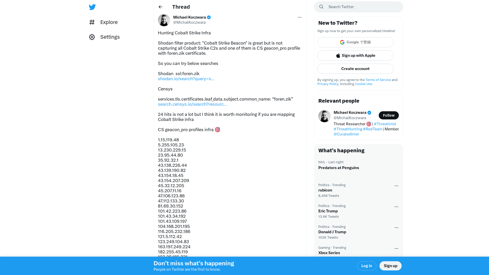 Michael Koczwara on Twitter: "Hunting Cobalt Strike Infra Shodan filter product: "Cobalt Strike Beacon" is great but is not capturing all Cobalt Strike C2s and one of them is CS geacon_pro profile with foren.zik certificate. So you can try below searches Shodan ssl:foren.zik https://t.co/KWeibWHIyA… https://t.co/VwTIZPiNRG" / Twitter