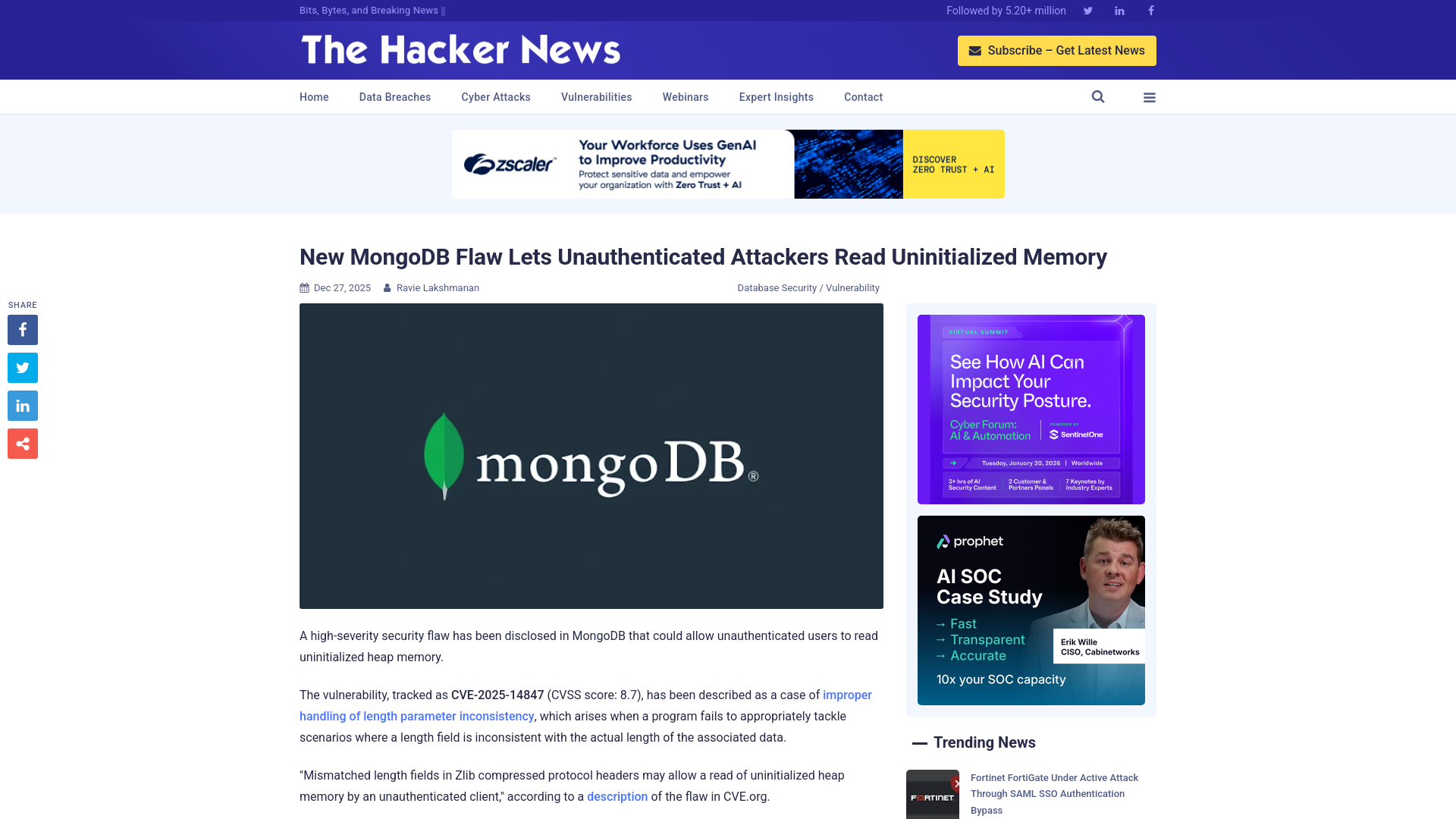 New MongoDB Flaw Lets Unauthenticated Attackers Read Uninitialized Memory