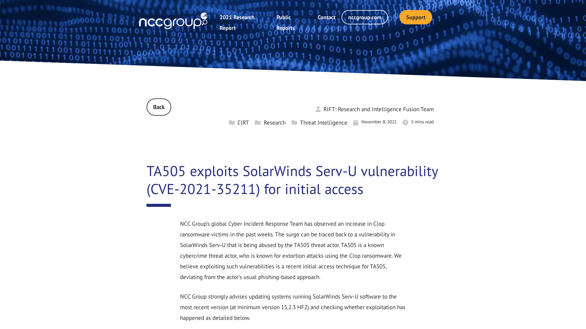 TA505 exploits SolarWinds Serv-U vulnerability (CVE-2021-35211) for initial access | NCC Group Research Blog | Making the world safer and more secure