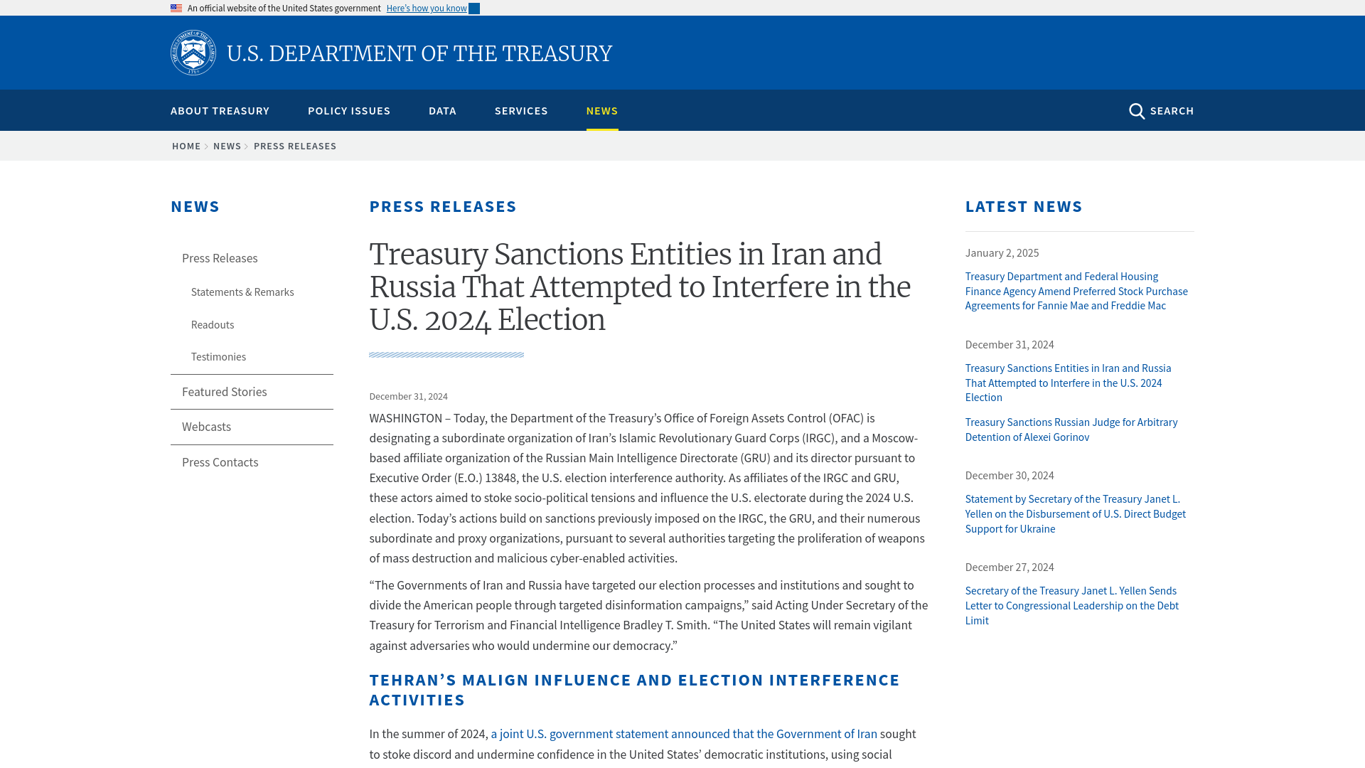 Treasury Sanctions Entities in Iran and Russia That Attempted to Interfere in the U.S. 2024 Election | U.S. Department of the Treasury