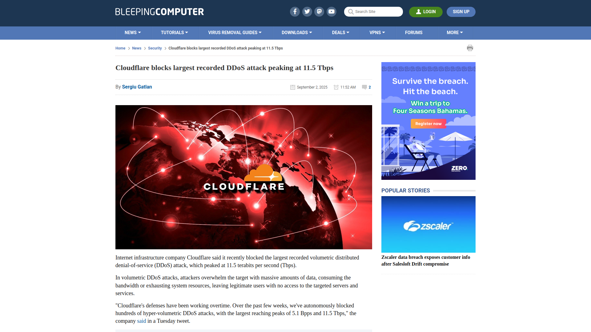 Cloudflare blocks largest recorded DDoS attack peaking at 11.5 Tbps
