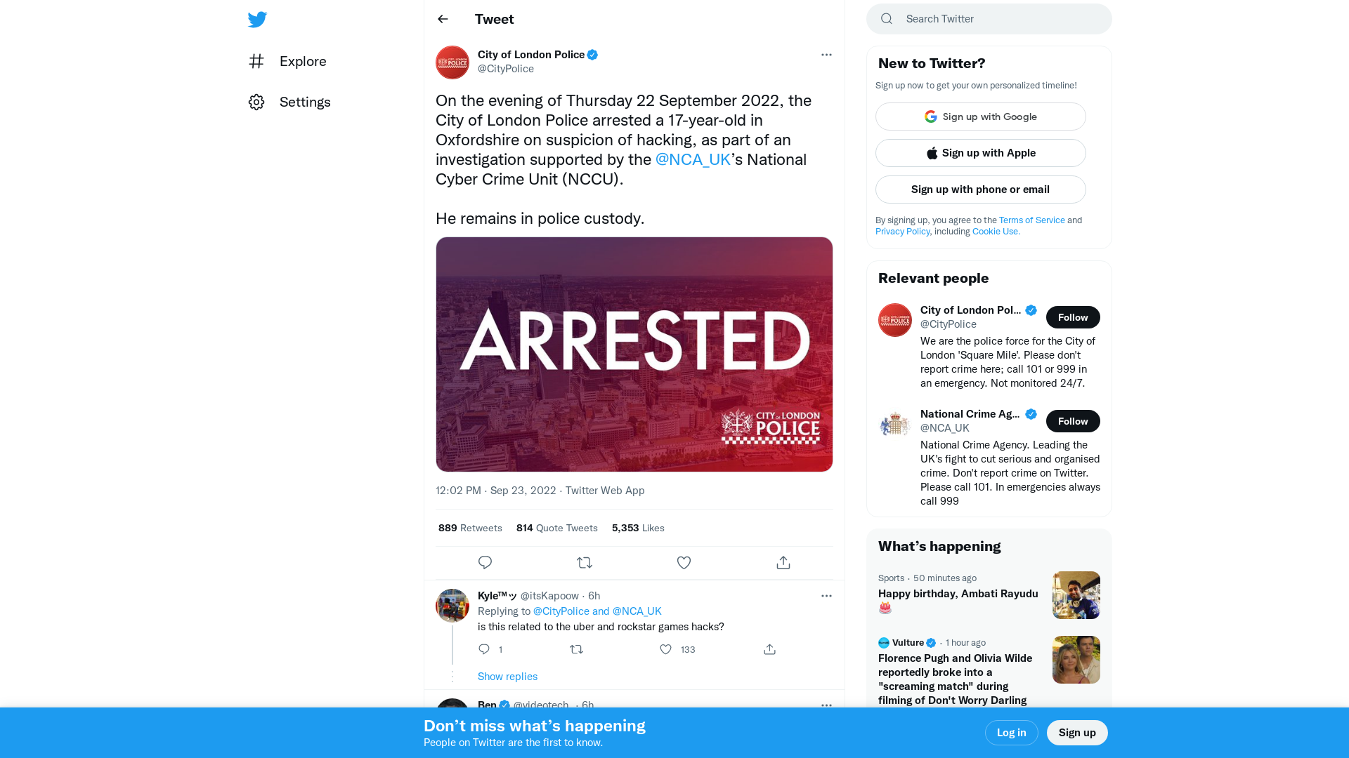 City of London Police on Twitter: "On the evening of Thursday 22 September 2022, the City of London Police arrested a 17-year-old in Oxfordshire on suspicion of hacking, as part of an investigation supported by the @NCA_UK’s National Cyber Crime Unit (NCCU). He remains in police custody. https://t.co/Zfa3OlDR6J" / Twitter