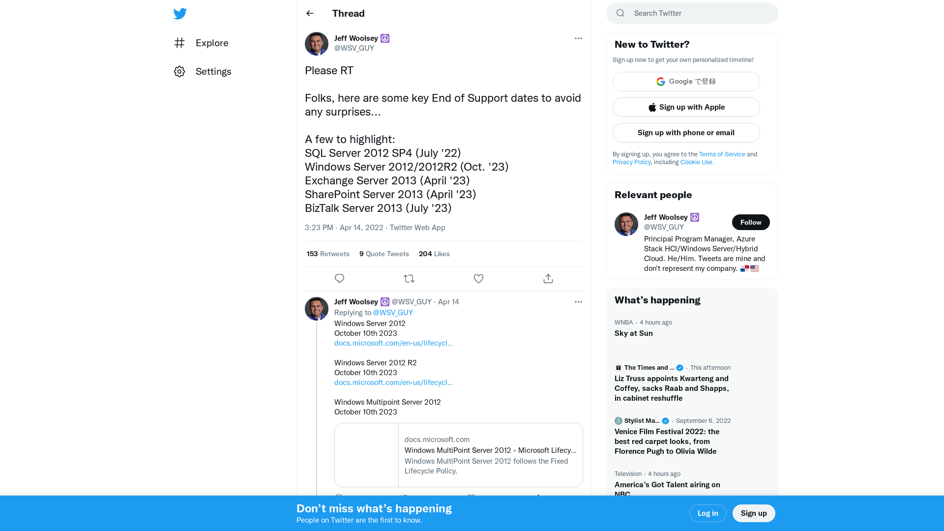 Jeff Woolsey ☮️ on Twitter: "Please RT Folks, here are some key End of Support dates to avoid any surprises... A few to highlight: SQL Server 2012 SP4 (July '22) Windows Server 2012/2012R2 (Oct. '23) Exchange Server 2013 (April '23) SharePoint Server 2013 (April '23) BizTalk Server 2013 (July '23)" / Twitter