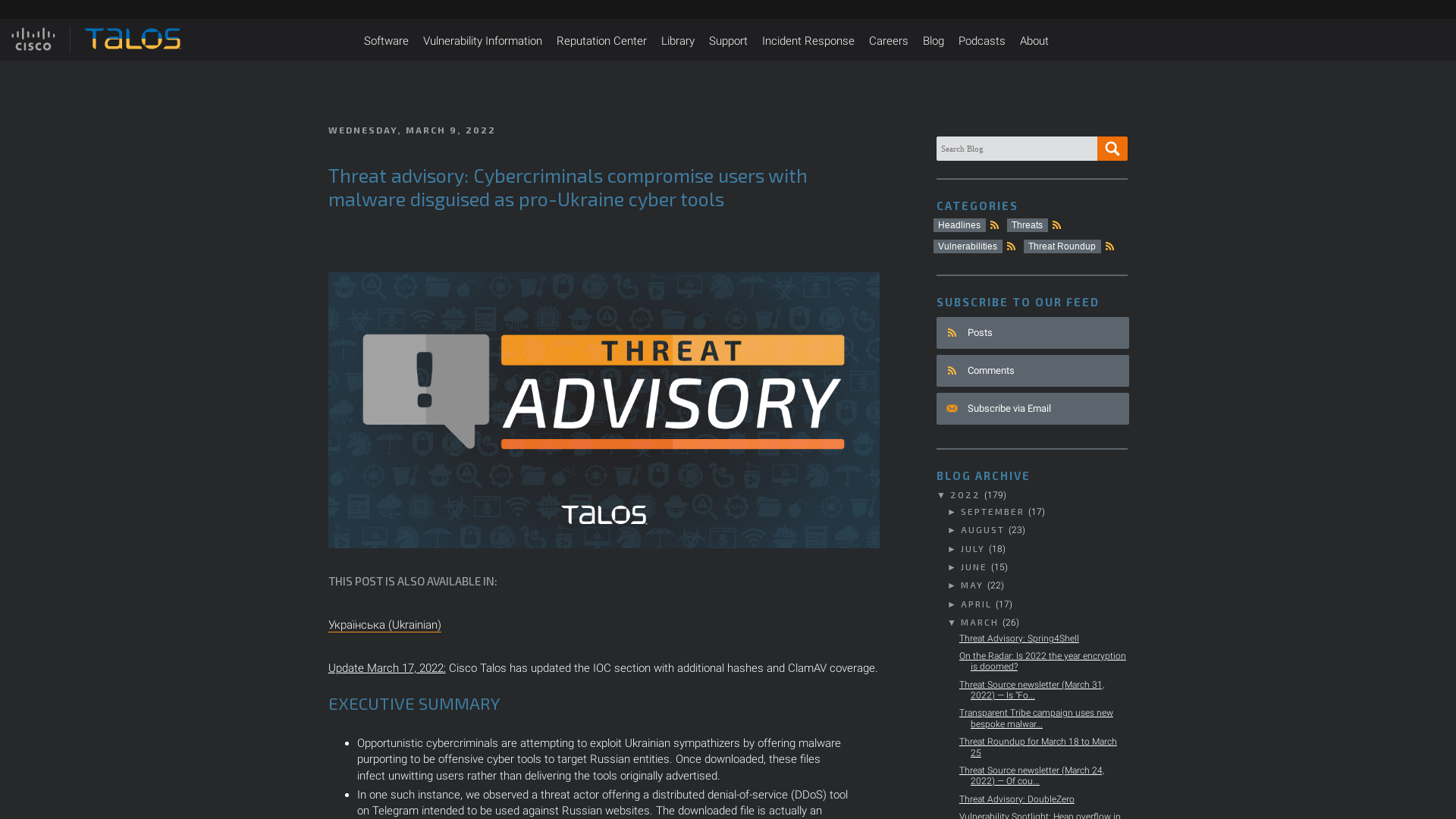 Cisco Talos Intelligence Group - Comprehensive Threat Intelligence: Threat advisory: Cybercriminals compromise users with malware disguised as pro-Ukraine cyber tools