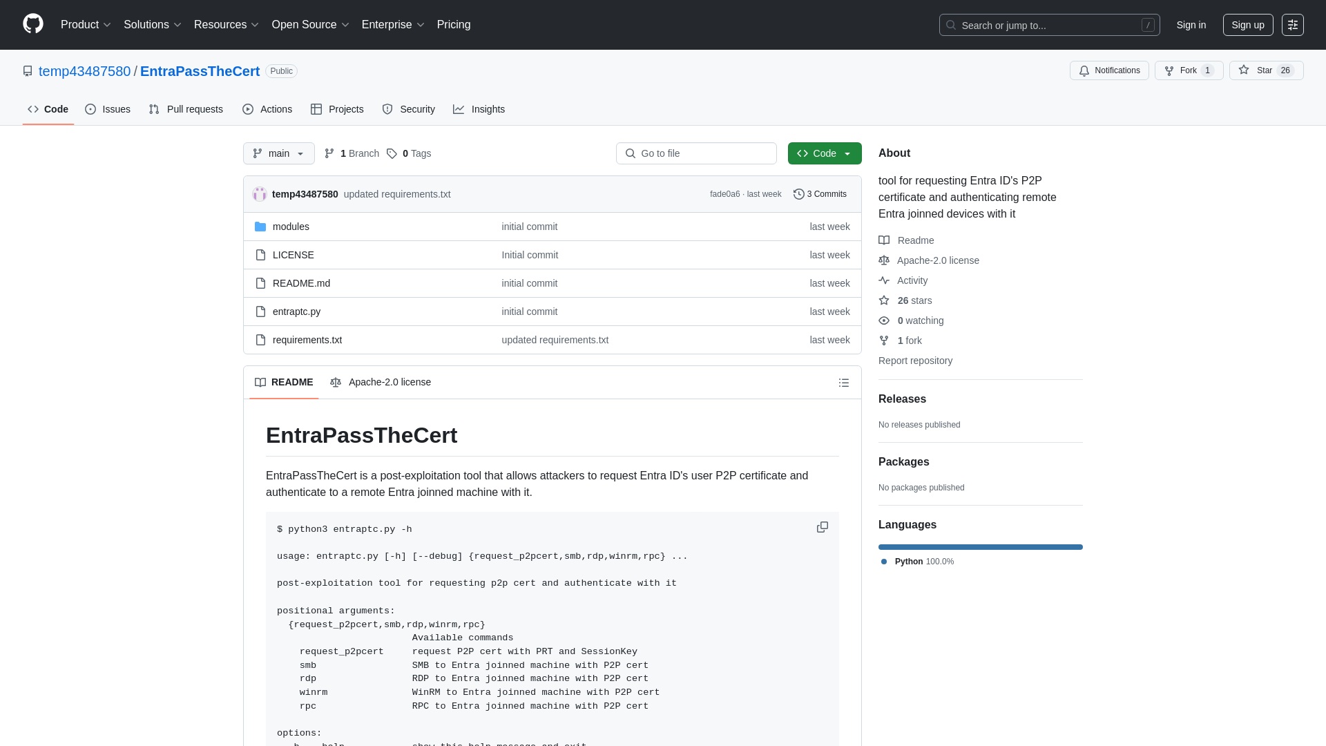 GitHub - temp43487580/EntraPassTheCert: tool for requesting Entra ID's P2P certificate and authenticating remote Entra joinned devices with it