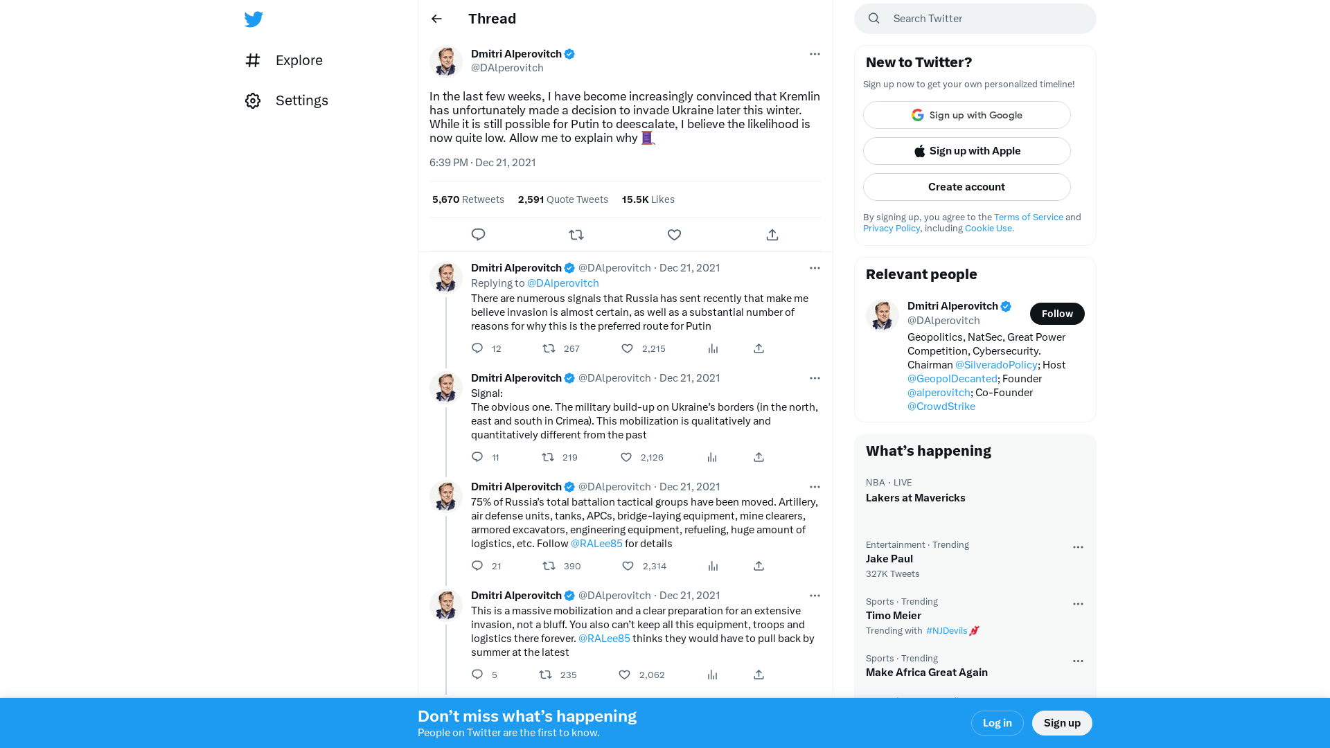 Dmitri Alperovitch on Twitter: "In the last few weeks, I have become increasingly convinced that Kremlin has unfortunately made a decision to invade Ukraine later this winter. While it is still possible for Putin to deescalate, I believe the likelihood is now quite low. Allow me to explain why 🧵" / Twitter