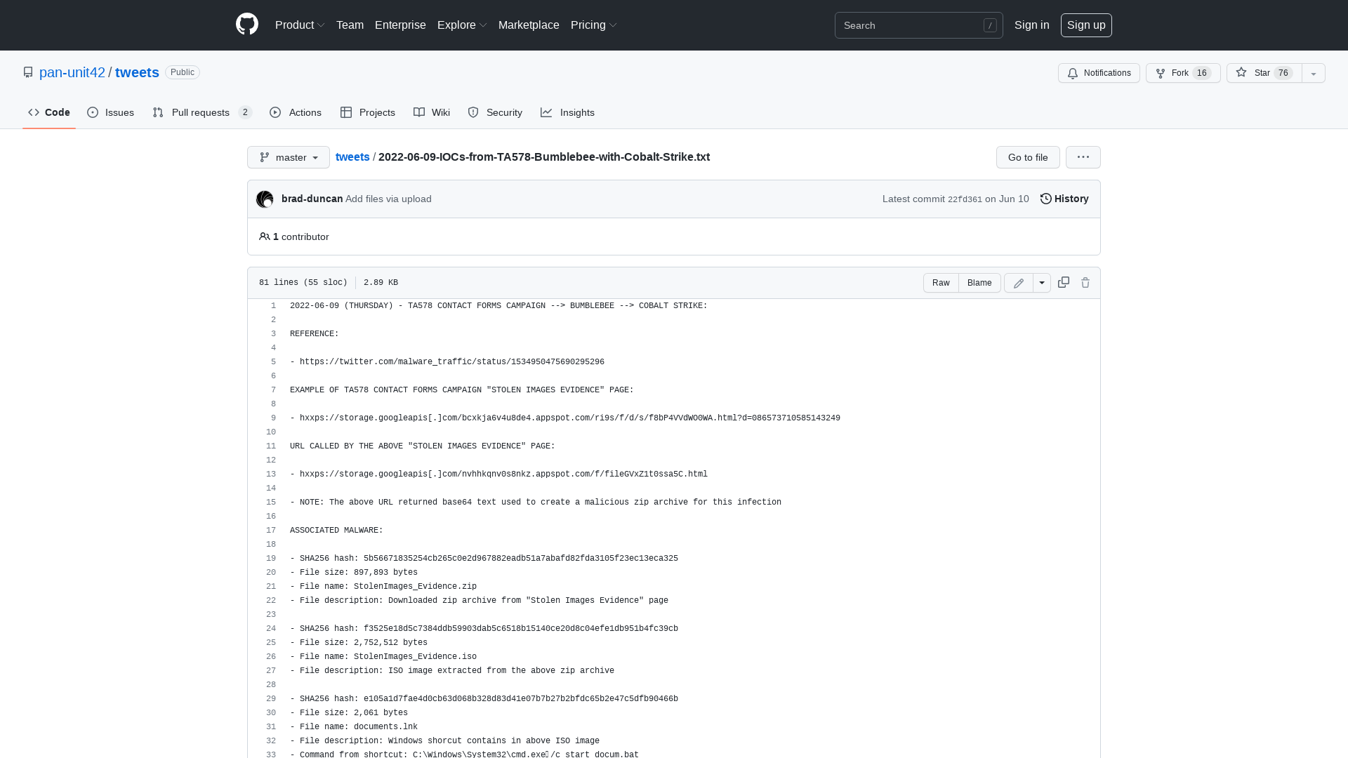 tweets/2022-06-09-IOCs-from-TA578-Bumblebee-with-Cobalt-Strike.txt at master · pan-unit42/tweets · GitHub