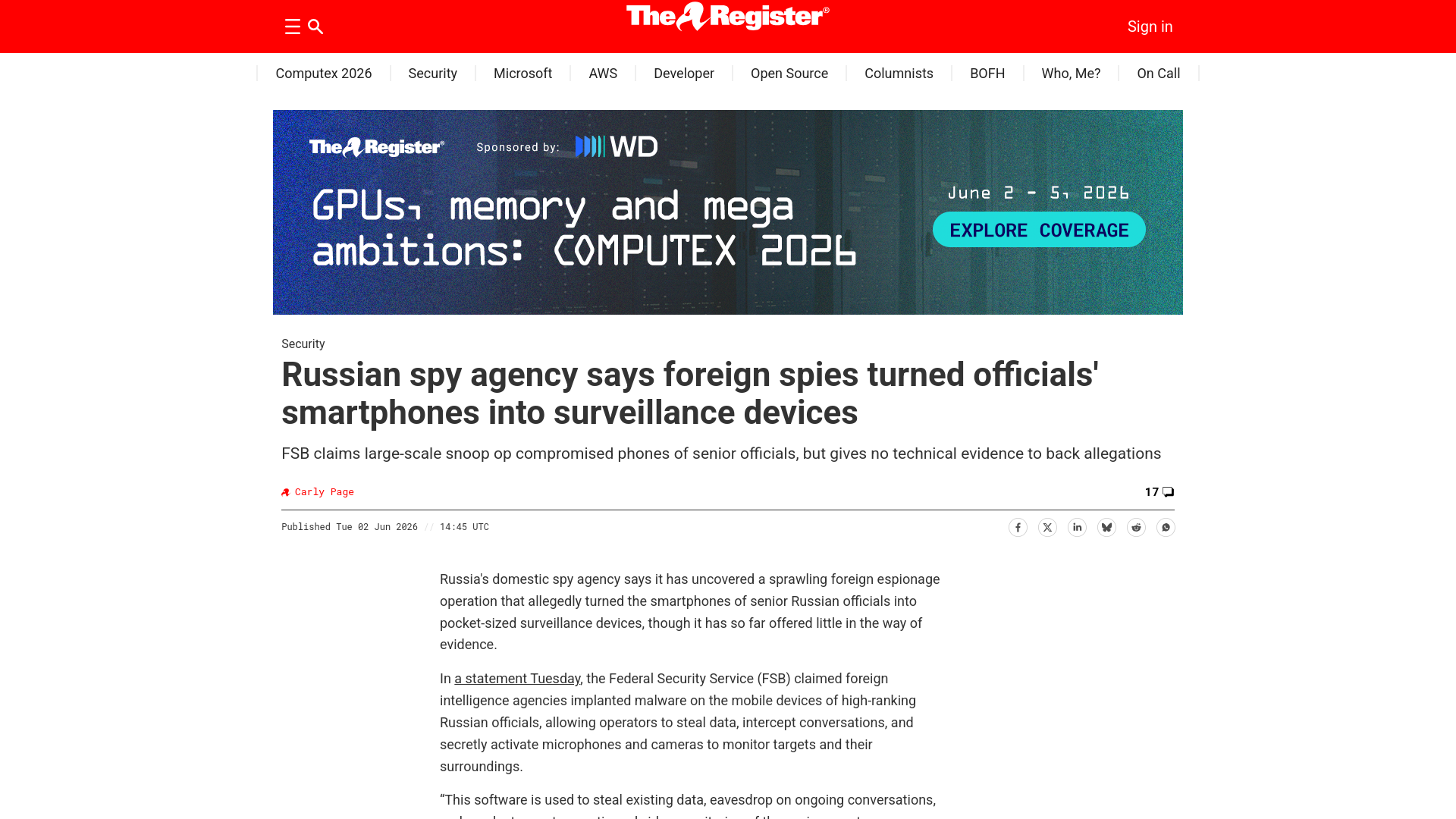 Russian spy agency says foreign spies turned officials' smartphones into surveillance devices