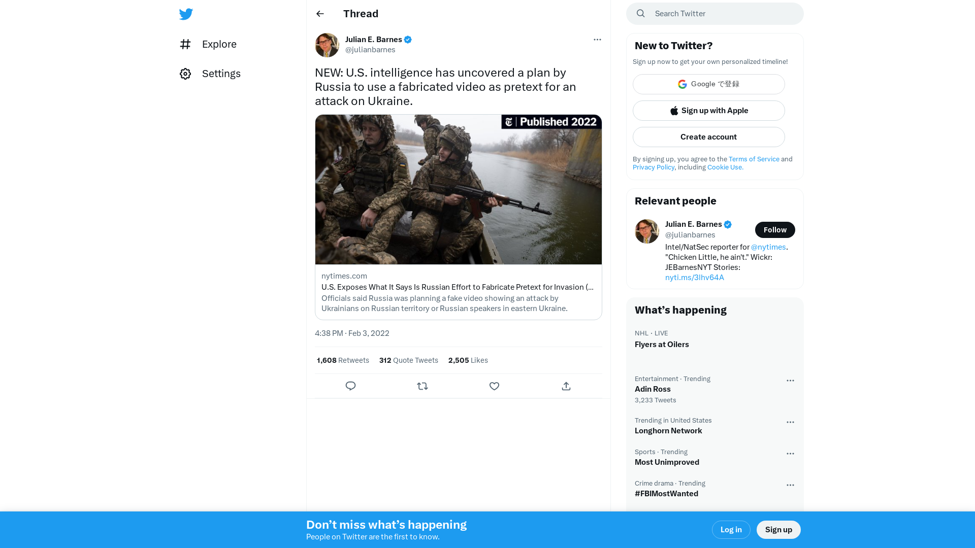 Julian E. Barnes on Twitter: "NEW: U.S. intelligence has uncovered a plan by Russia to use a fabricated video as pretext for an attack on Ukraine.https://t.co/xtPuu30Ch2" / Twitter