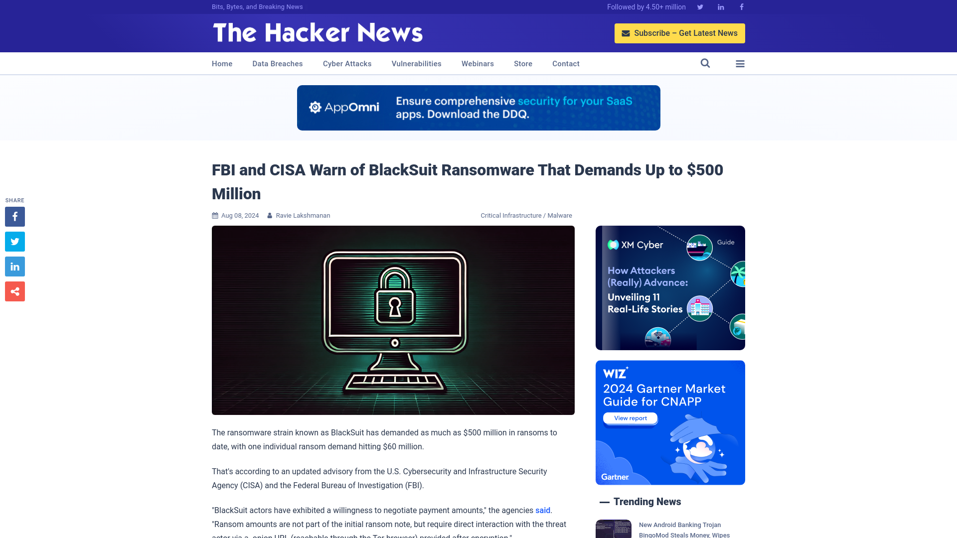 FBI and CISA Warn of BlackSuit Ransomware That Demands Up to $500 Million