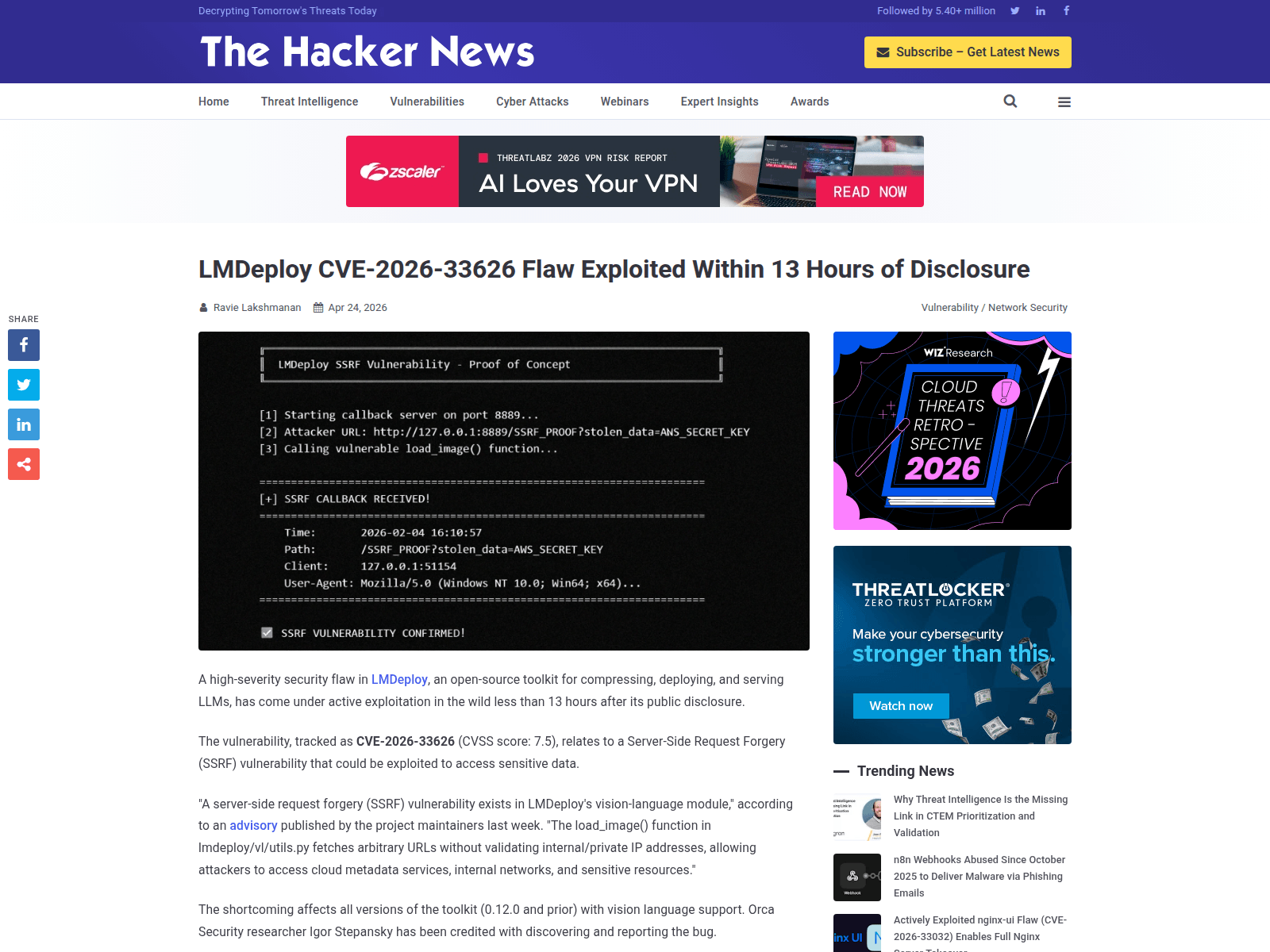 LMDeploy CVE-2026-33626 Flaw Exploited Within 13 Hours of Disclosure