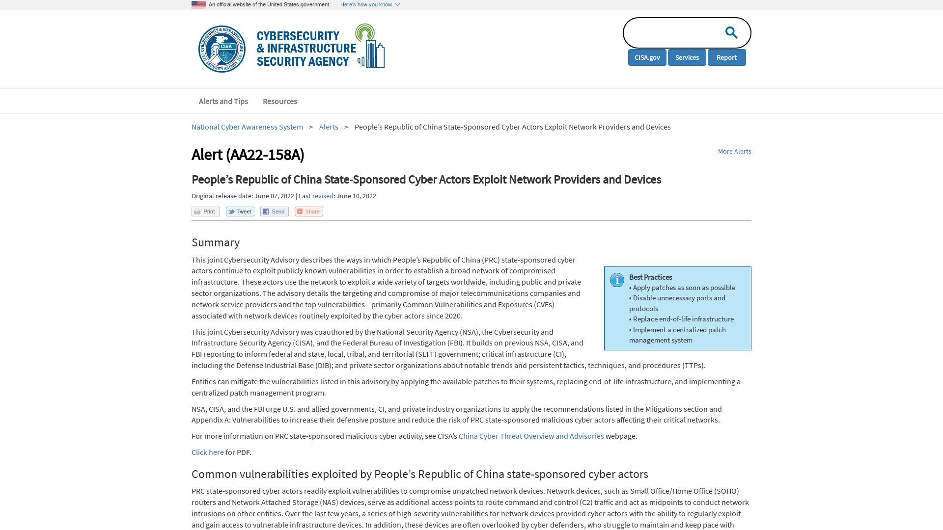 People’s Republic of China State-Sponsored Cyber Actors Exploit Network Providers and Devices | CISA