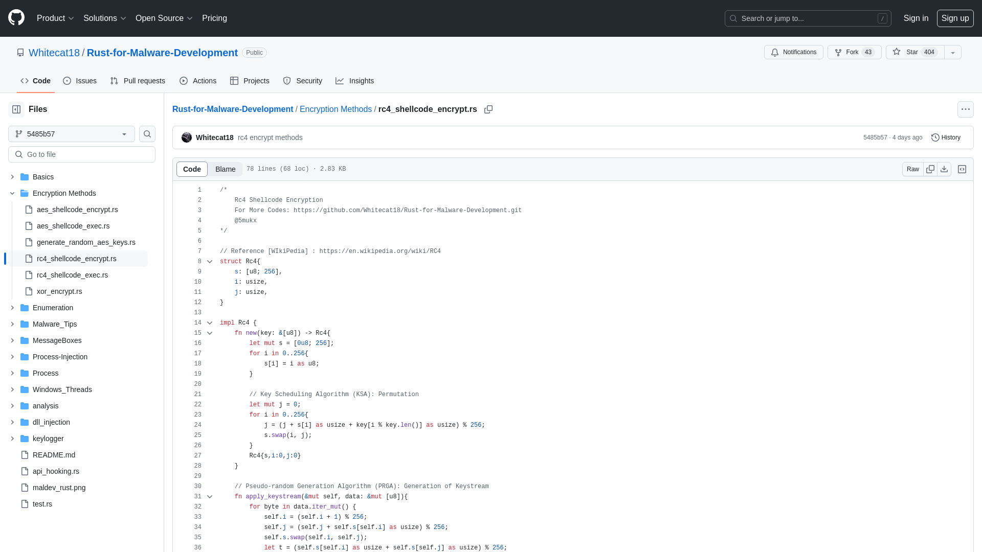 Rust-for-Malware-Development/Encryption Methods/rc4_shellcode_encrypt.rs at 5485b57b383c109655a5c9e58cde5b0a6e6b5729 · Whitecat18/Rust-for-Malware-Development · GitHub