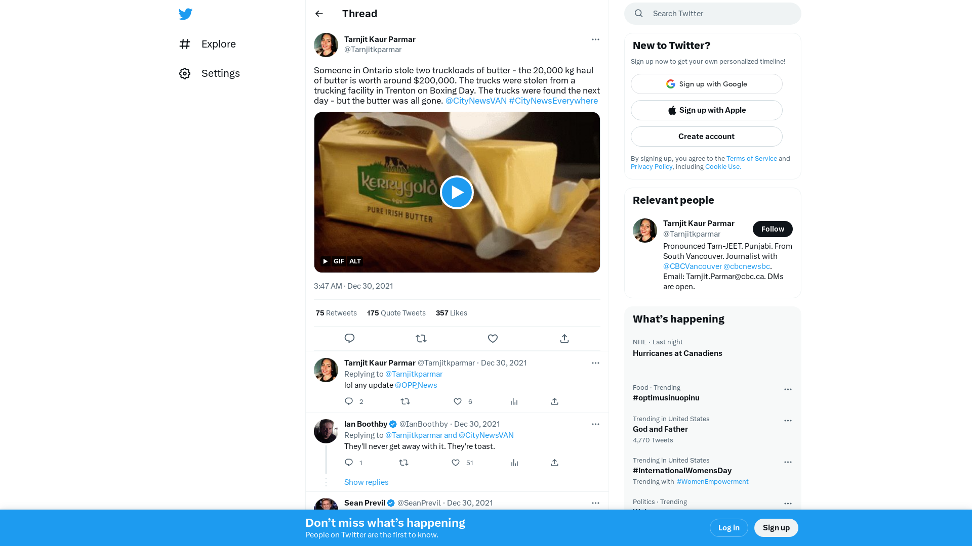 Tarnjit Kaur Parmar on Twitter: "Someone in Ontario stole two truckloads of butter - the 20,000 kg haul of butter is worth around $200,000. The trucks were stolen from a trucking facility in Trenton on Boxing Day. The trucks were found the next day - but the butter was all gone. @CityNewsVAN #CityNewsEverywhere https://t.co/6sUvTQLDrZ" / Twitter