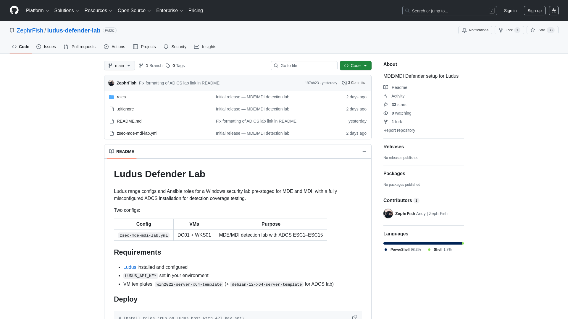 GitHub - ZephrFish/ludus-defender-lab: MDE/MDI Defender setup for Ludus · GitHub