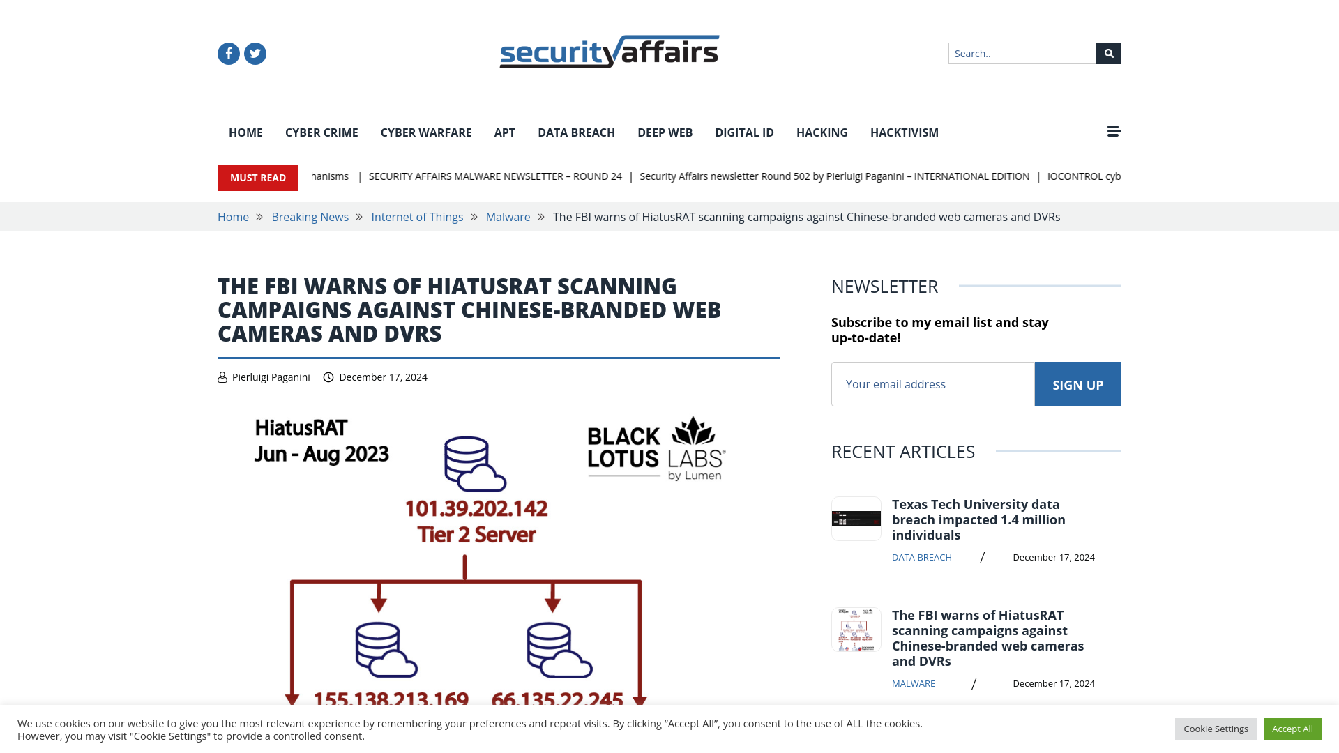 FBI warns of HiatusRAT scanning campaigns against Chinese-branded web cameras and DVRs