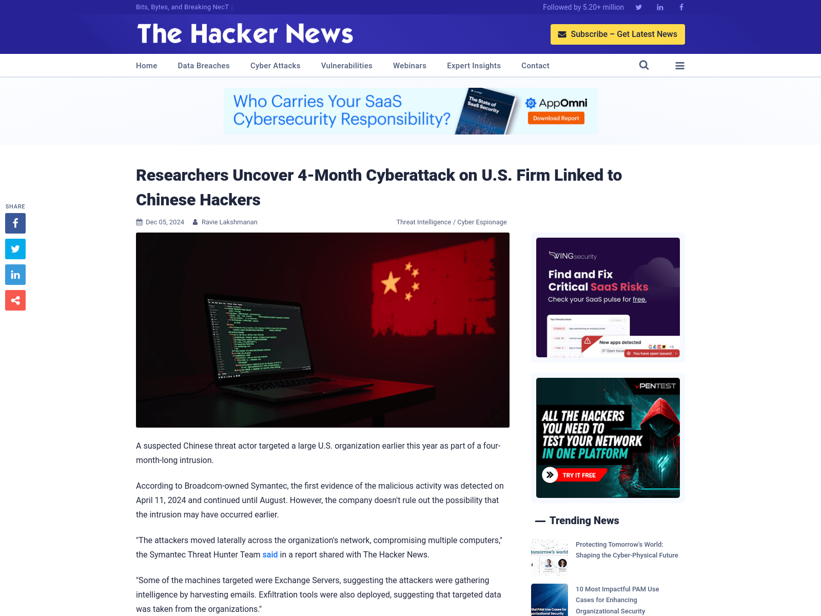 Researchers Uncover 4-Month Cyberattack on U.S. Firm Linked to Chinese Hackers