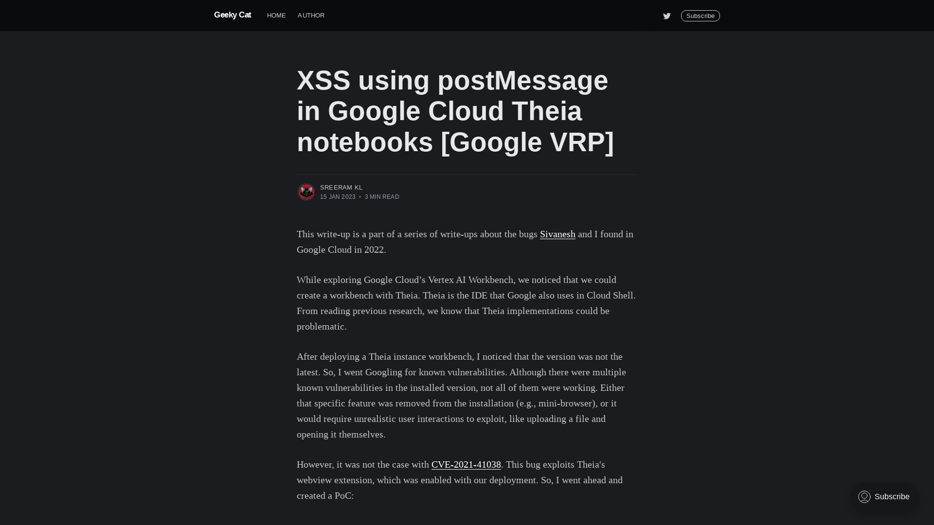 XSS using postMessage in Google Cloud Theia notebooks [Google VRP]